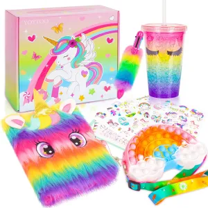 Unicorn Gifts for Girls 5 6 7 8 9 10-12 Years Old, Kids Plush Unicorn Toys with Secret Diary Water Bottle Pop Rainbow Purse Ballpoint Pen, Birthday Gifts for Little Girls Teens