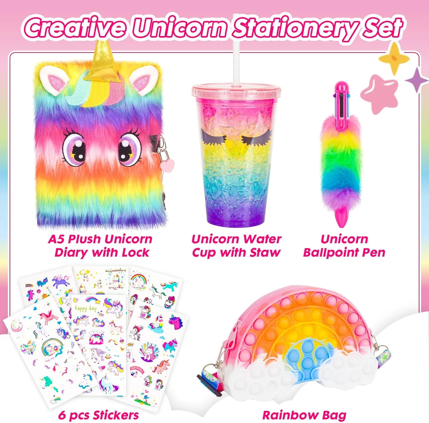 Unicorn Gifts for Girls 5 6 7 8 9 10-12 Years Old, Kids Plush Unicorn Toys with Secret Diary Water Bottle Pop Rainbow Purse Ballpoint Pen, Birthday Gifts for Little Girls Teens
