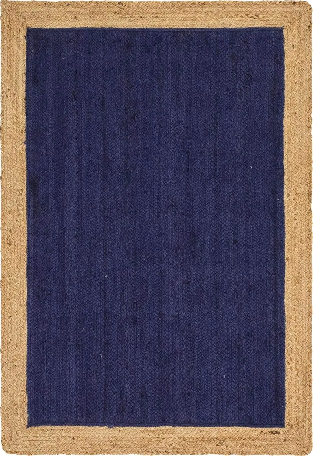 Unique Loom Braided Jute Collection Classic Quality Made Natural Hand Woven with Solid Color Detail, Area Rug, Rectangular 4' 0" x 6' 0", Navy Blue/Tan