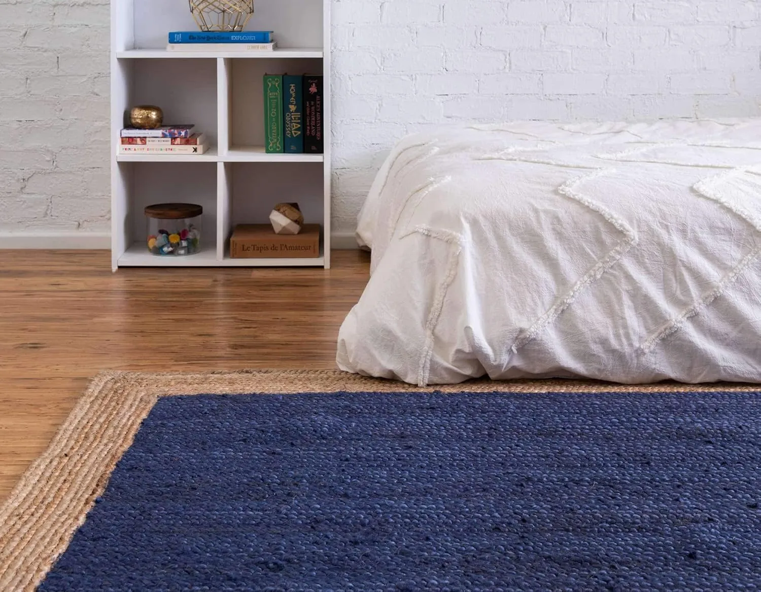 Unique Loom Braided Jute Collection Classic Quality Made Natural Hand Woven with Solid Color Detail, Area Rug, Rectangular 4' 0" x 6' 0", Navy Blue/Tan