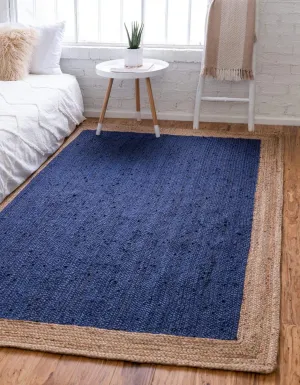 Unique Loom Braided Jute Collection Classic Quality Made Natural Hand Woven with Solid Color Detail, Area Rug, Rectangular 4' 0" x 6' 0", Navy Blue/Tan