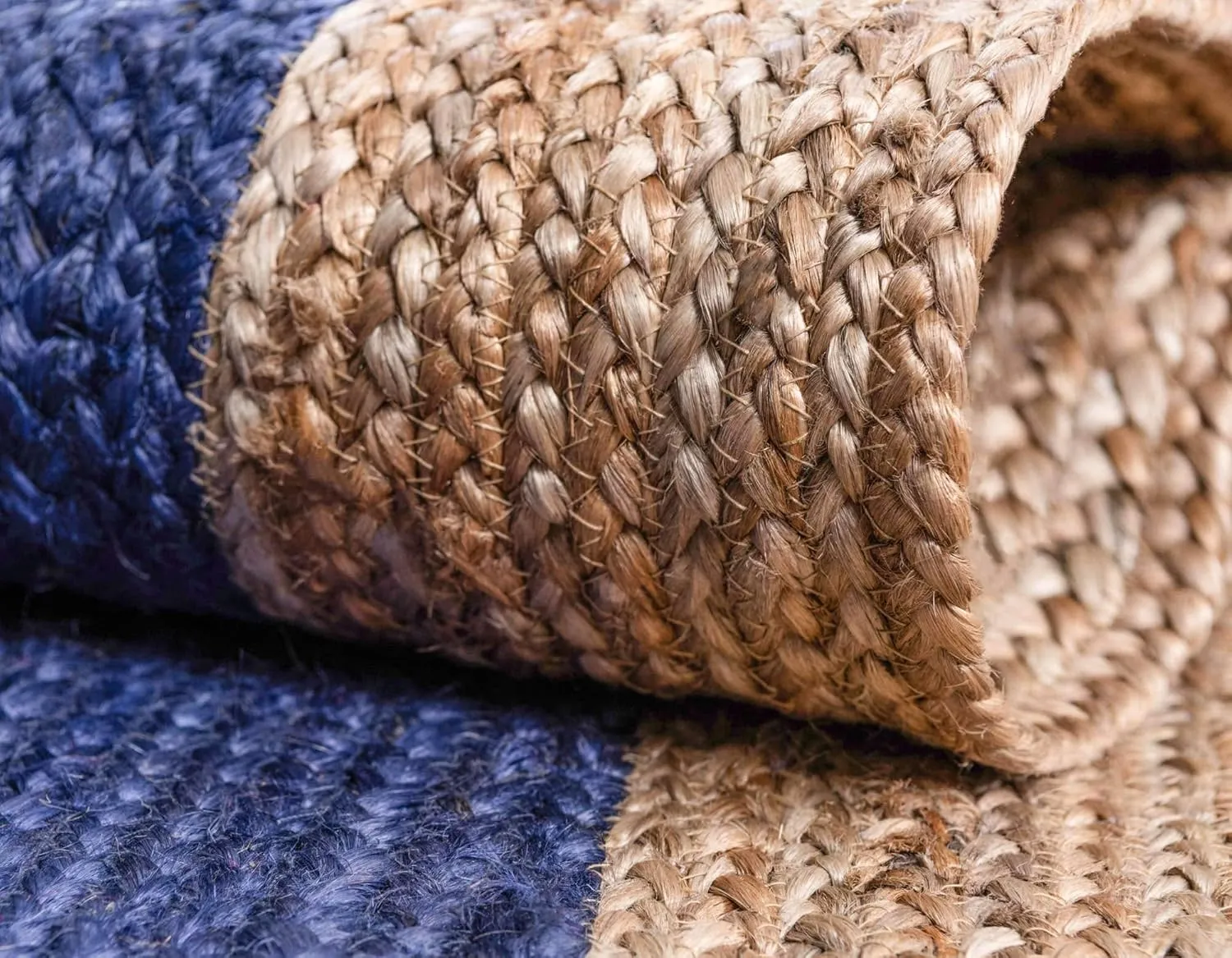 Unique Loom Braided Jute Collection Classic Quality Made Natural Hand Woven with Solid Color Detail, Area Rug, Rectangular 4' 0" x 6' 0", Navy Blue/Tan