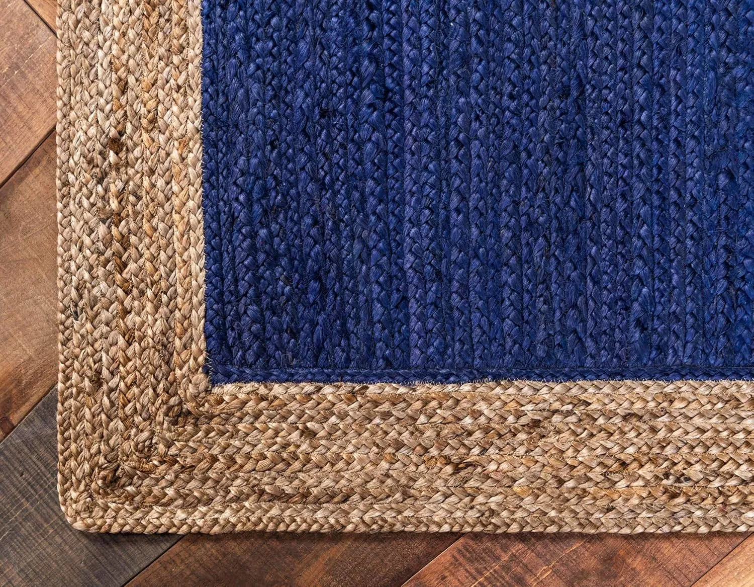 Unique Loom Braided Jute Collection Classic Quality Made Natural Hand Woven with Solid Color Detail, Area Rug, Rectangular 4' 0" x 6' 0", Navy Blue/Tan