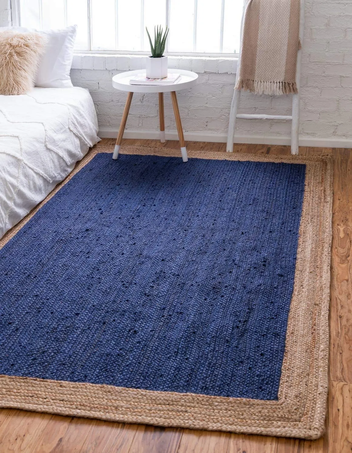Unique Loom Braided Jute Collection Classic Quality Made Natural Hand Woven with Solid Color Detail, Area Rug, Rectangular 4' 0" x 6' 0", Navy Blue/Tan