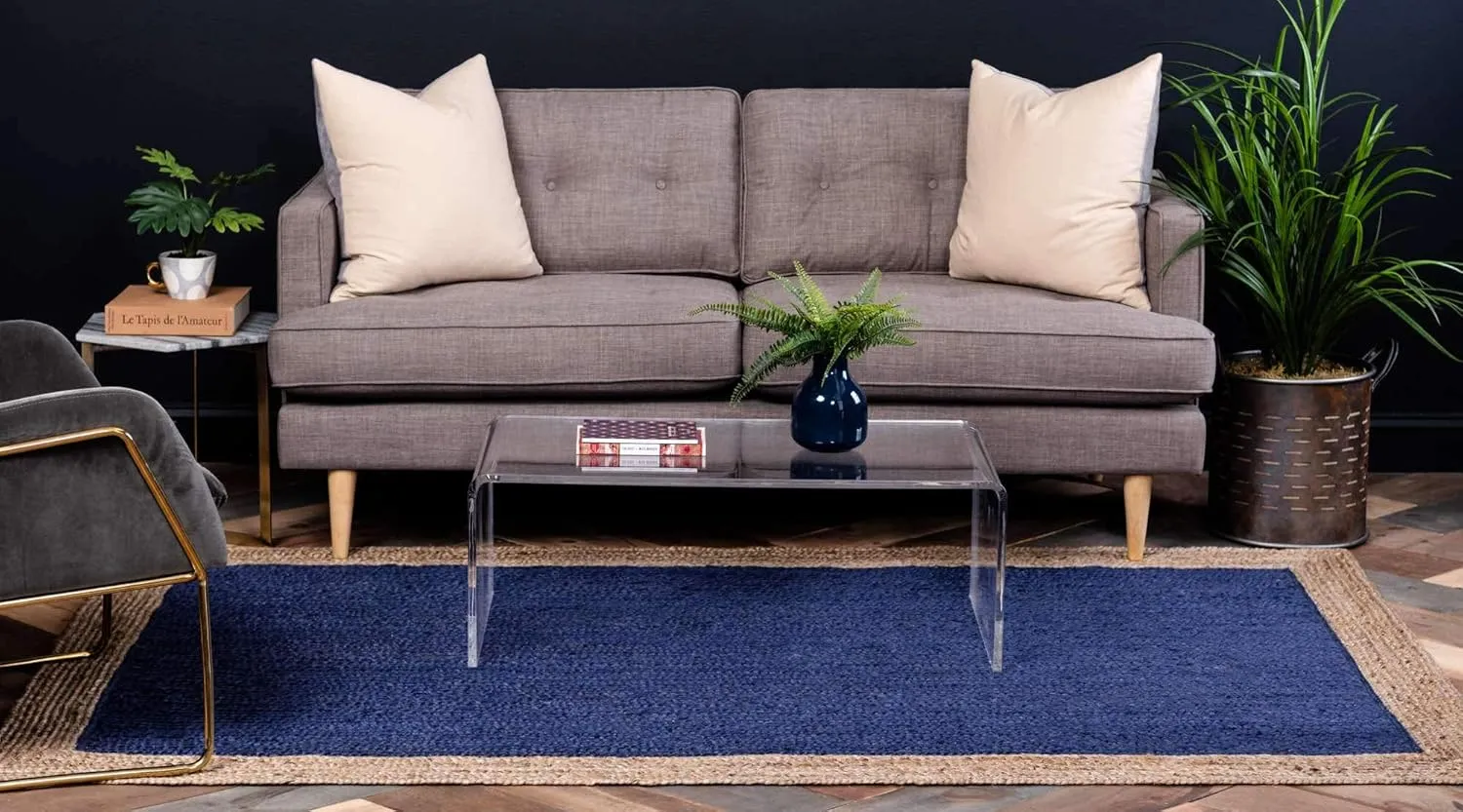 Unique Loom Braided Jute Collection Classic Quality Made Natural Hand Woven with Solid Color Detail, Area Rug, Rectangular 4' 0" x 6' 0", Navy Blue/Tan