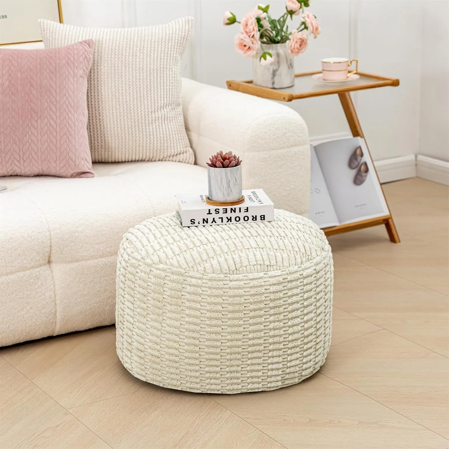 Unstuffed Ottoman Pouf Round Foot Rest Poof Ottoman No Filler Floor Foot Stool Pouf Bean Bag Cover with Storage for Living Room Bedroom