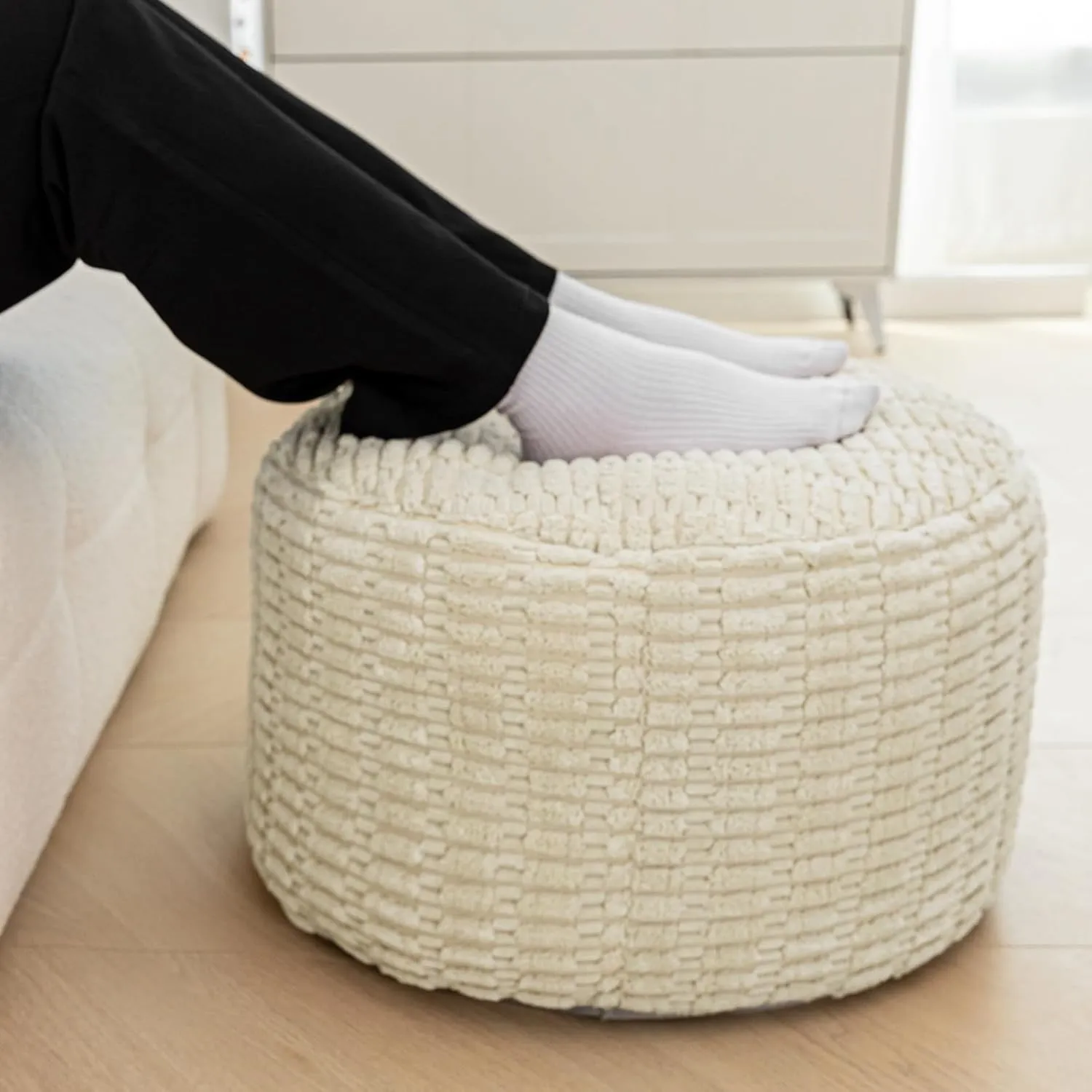 Unstuffed Ottoman Pouf Round Foot Rest Poof Ottoman No Filler Floor Foot Stool Pouf Bean Bag Cover with Storage for Living Room Bedroom