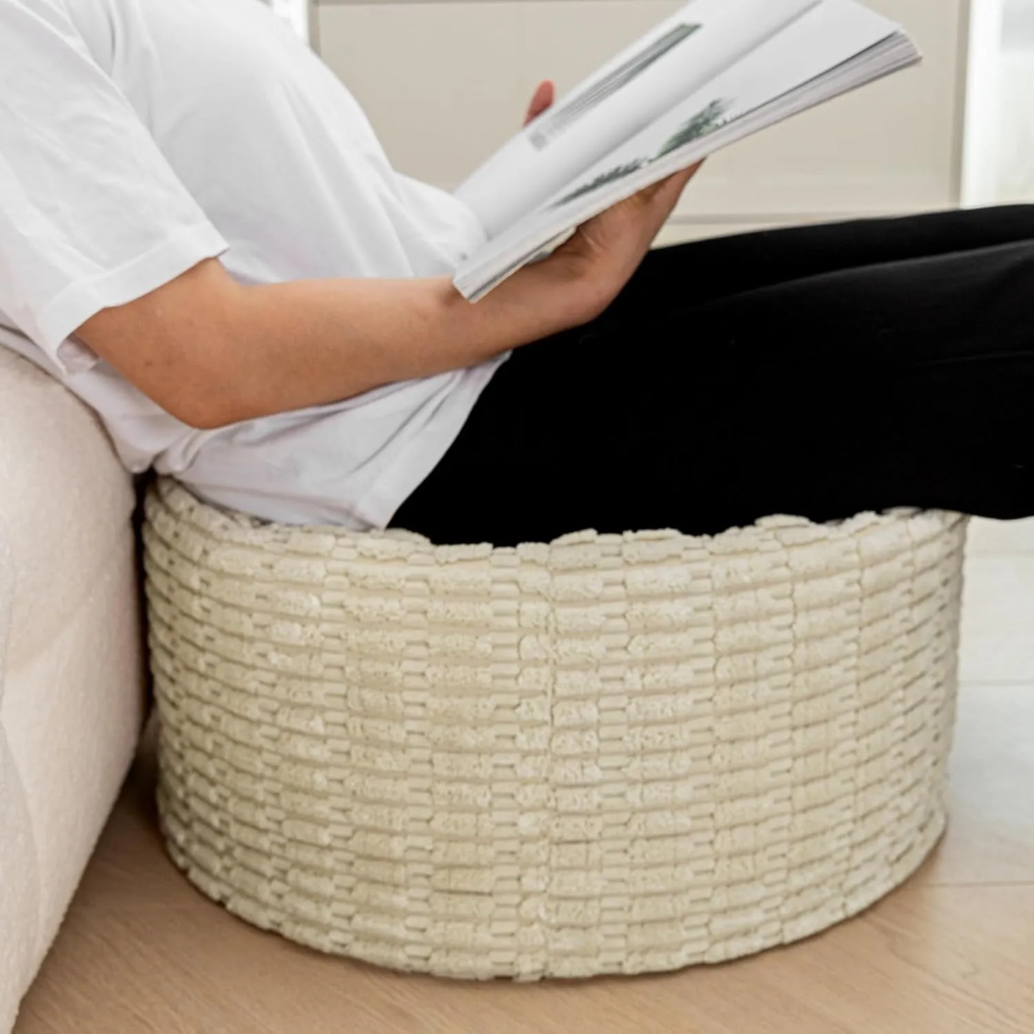 Unstuffed Ottoman Pouf Round Foot Rest Poof Ottoman No Filler Floor Foot Stool Pouf Bean Bag Cover with Storage for Living Room Bedroom