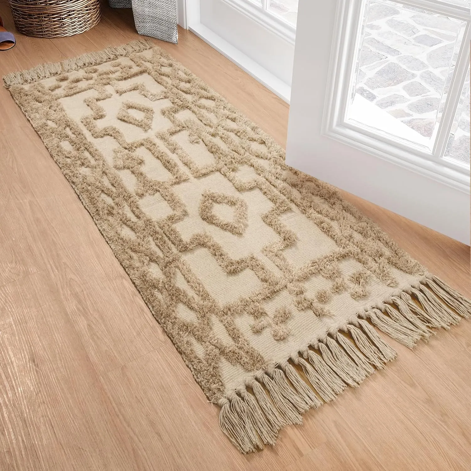 Uphome Kitchen Runner Rug 2' x 4.3', Washable Woven Cotton Bathroom Rug Runners, Khaki Geometric Tufted Entryway Runner Rugs, Bohemian Tribal Throw Rugs for Laundry Room Porch Bedroom