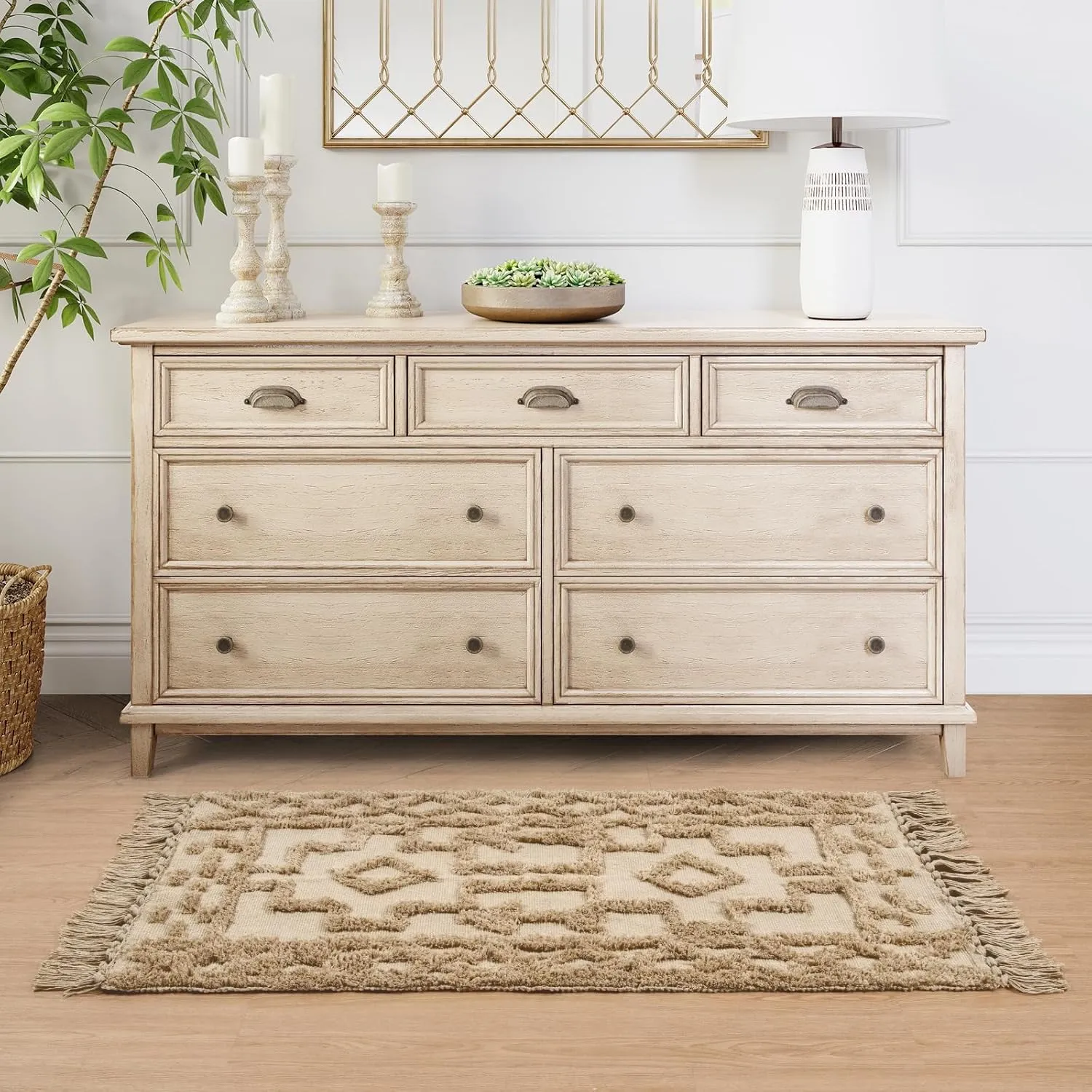 Uphome Kitchen Runner Rug 2' x 4.3', Washable Woven Cotton Bathroom Rug Runners, Khaki Geometric Tufted Entryway Runner Rugs, Bohemian Tribal Throw Rugs for Laundry Room Porch Bedroom