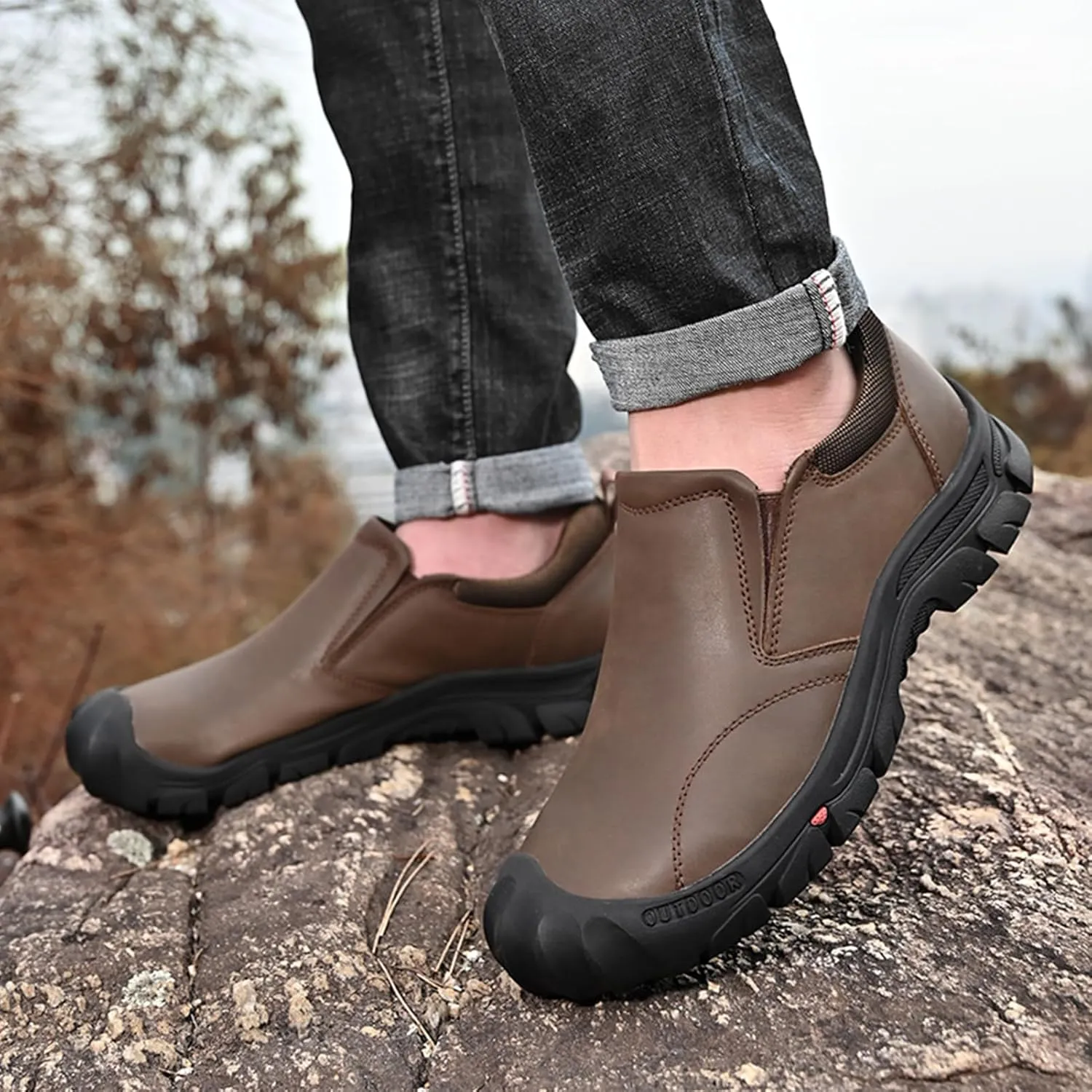 UPIShi Men's Waterproof Slip On Leather Hiking Outdoor Walking Casual Loafers Work Shoes