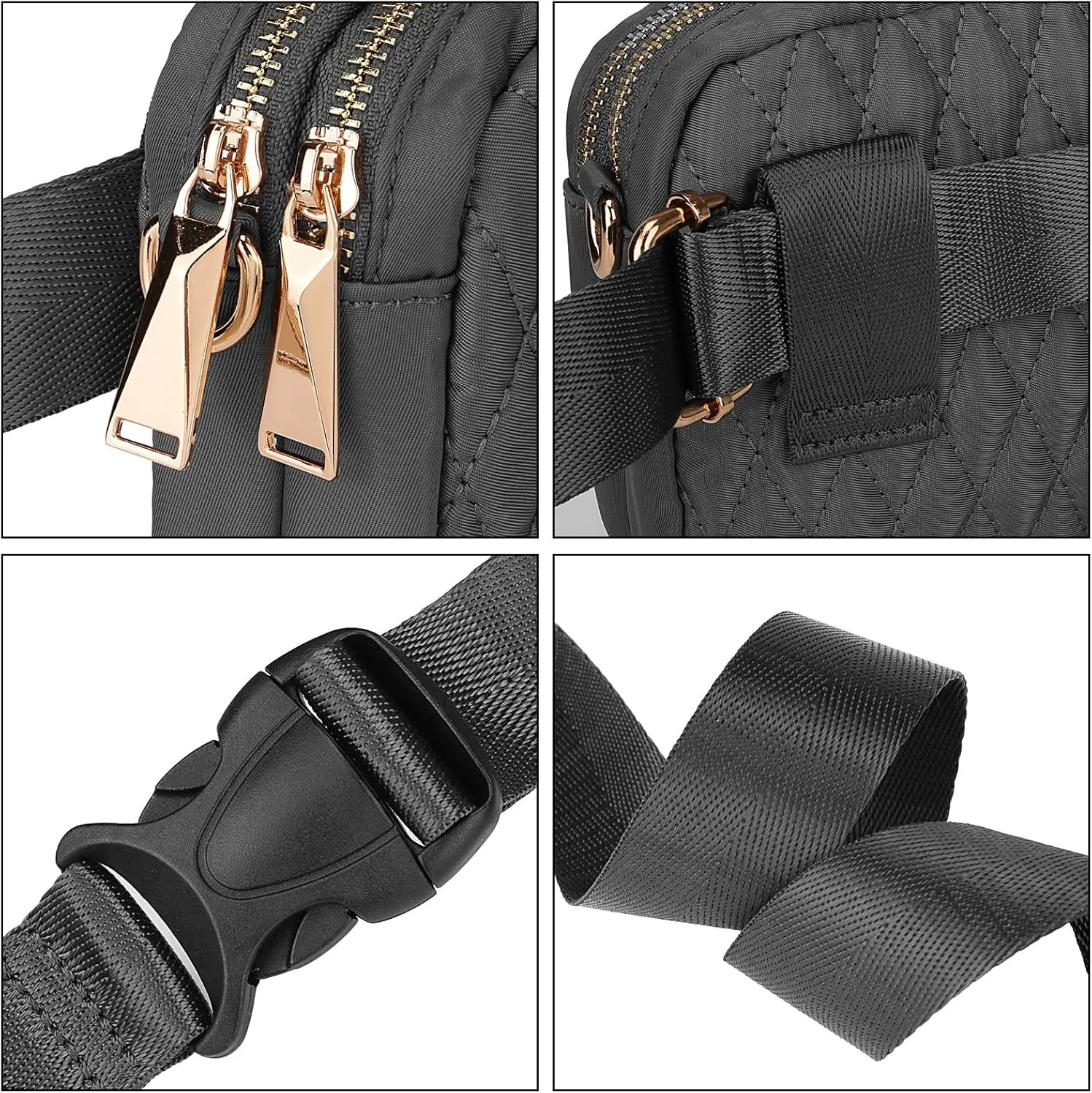 Uromee Fanny Packs for Women Crossbody Belt Bag Quilted Nylon Fashion Waist Bag Everywhere Travel Hiking Detachable Adjustable Strap 0228 Dark Grey