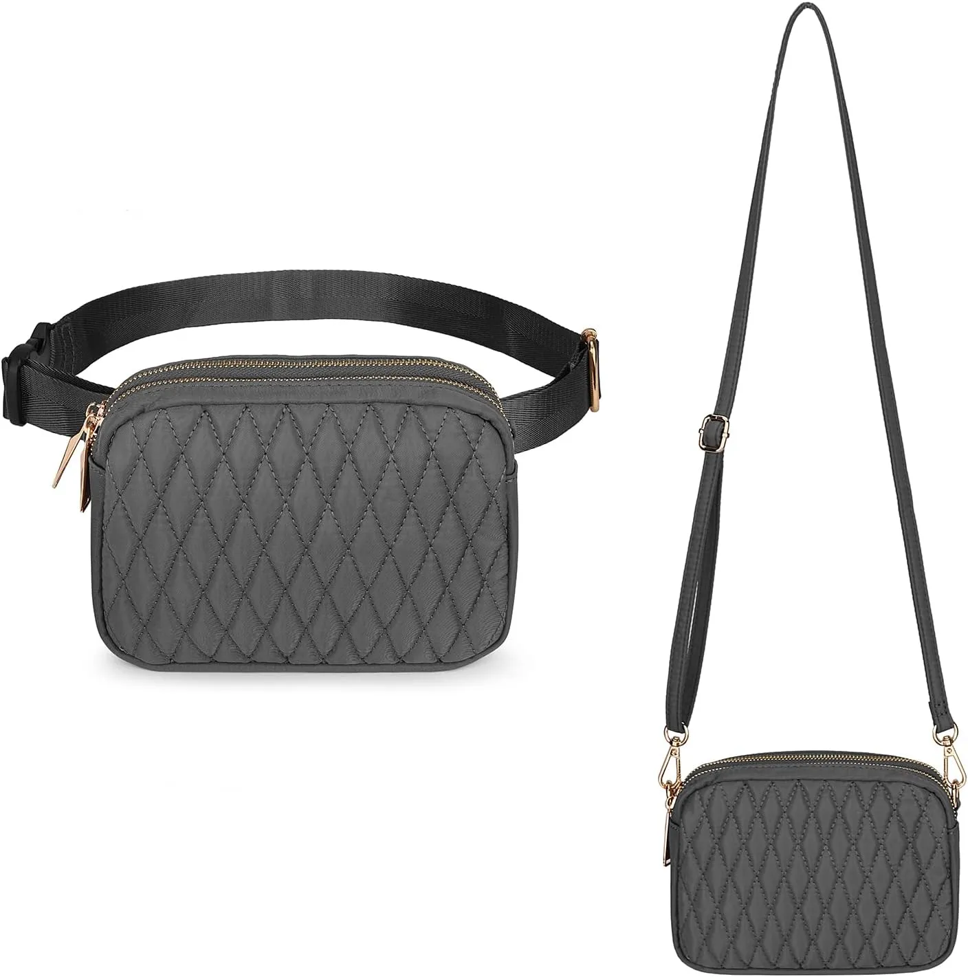 Uromee Fanny Packs for Women Crossbody Belt Bag Quilted Nylon Fashion Waist Bag Everywhere Travel Hiking Detachable Adjustable Strap 0228 Dark Grey
