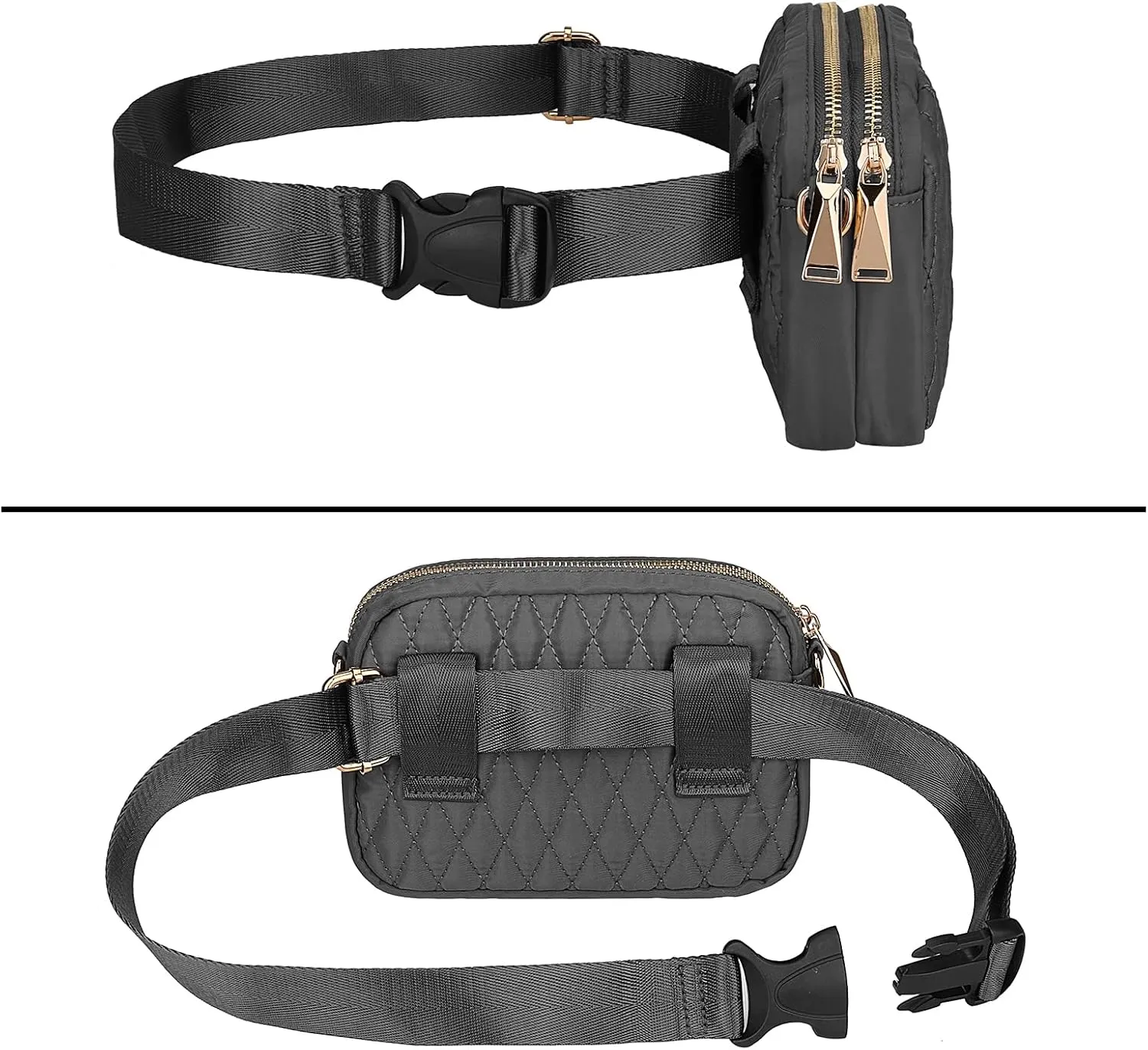 Uromee Fanny Packs for Women Crossbody Belt Bag Quilted Nylon Fashion Waist Bag Everywhere Travel Hiking Detachable Adjustable Strap 0228 Dark Grey