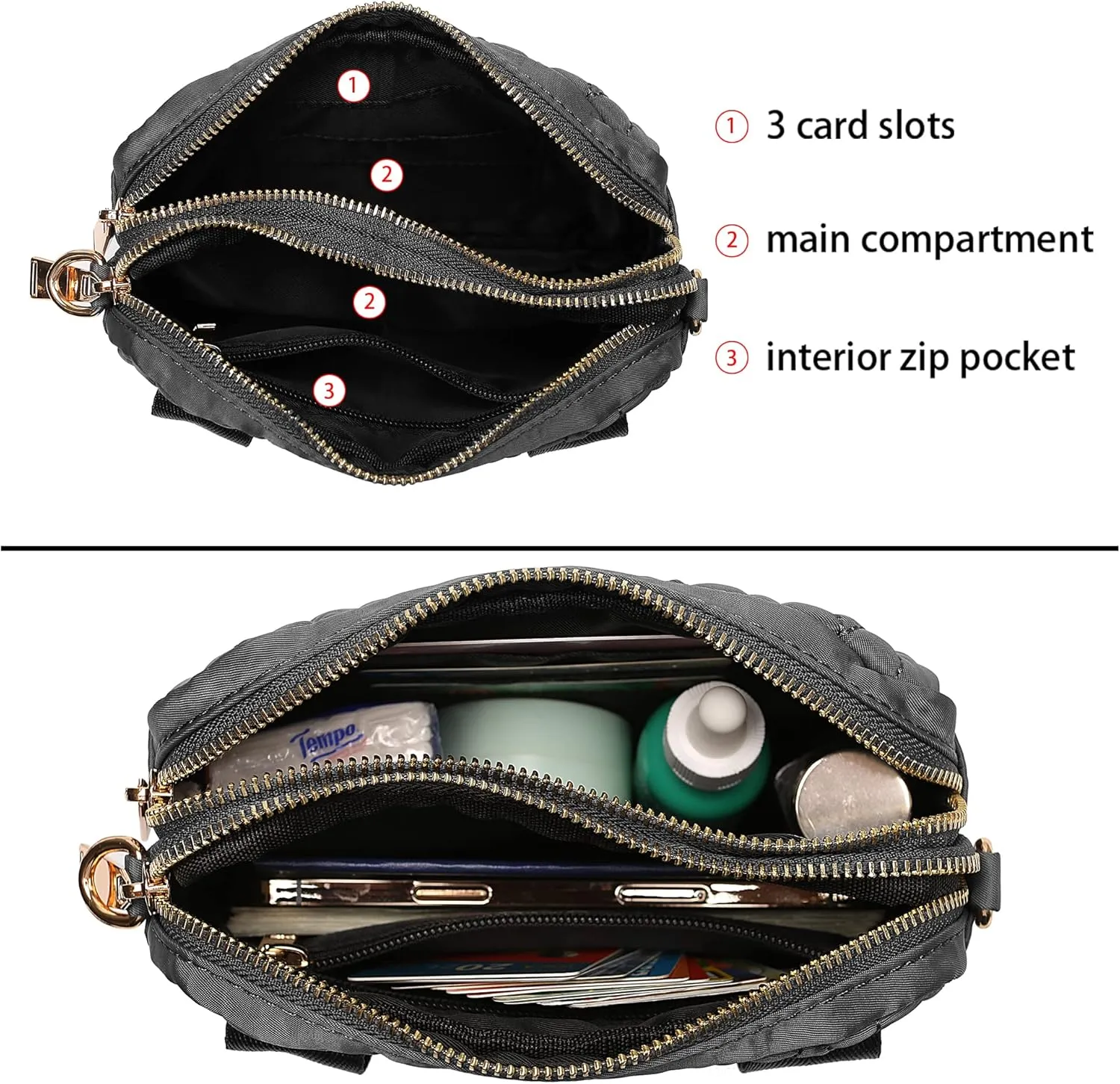 Uromee Fanny Packs for Women Crossbody Belt Bag Quilted Nylon Fashion Waist Bag Everywhere Travel Hiking Detachable Adjustable Strap 0228 Dark Grey