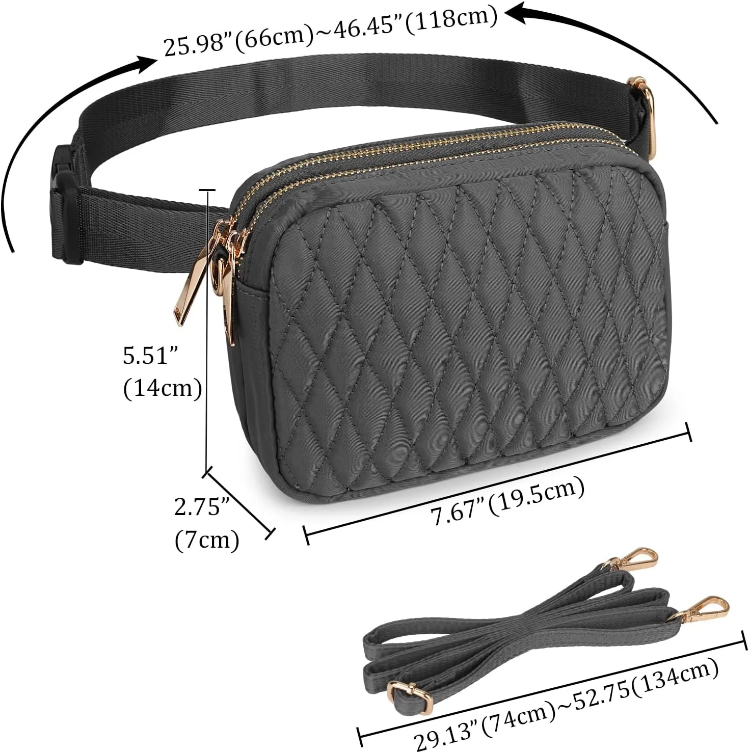 Uromee Fanny Packs for Women Crossbody Belt Bag Quilted Nylon Fashion Waist Bag Everywhere Travel Hiking Detachable Adjustable Strap 0228 Dark Grey