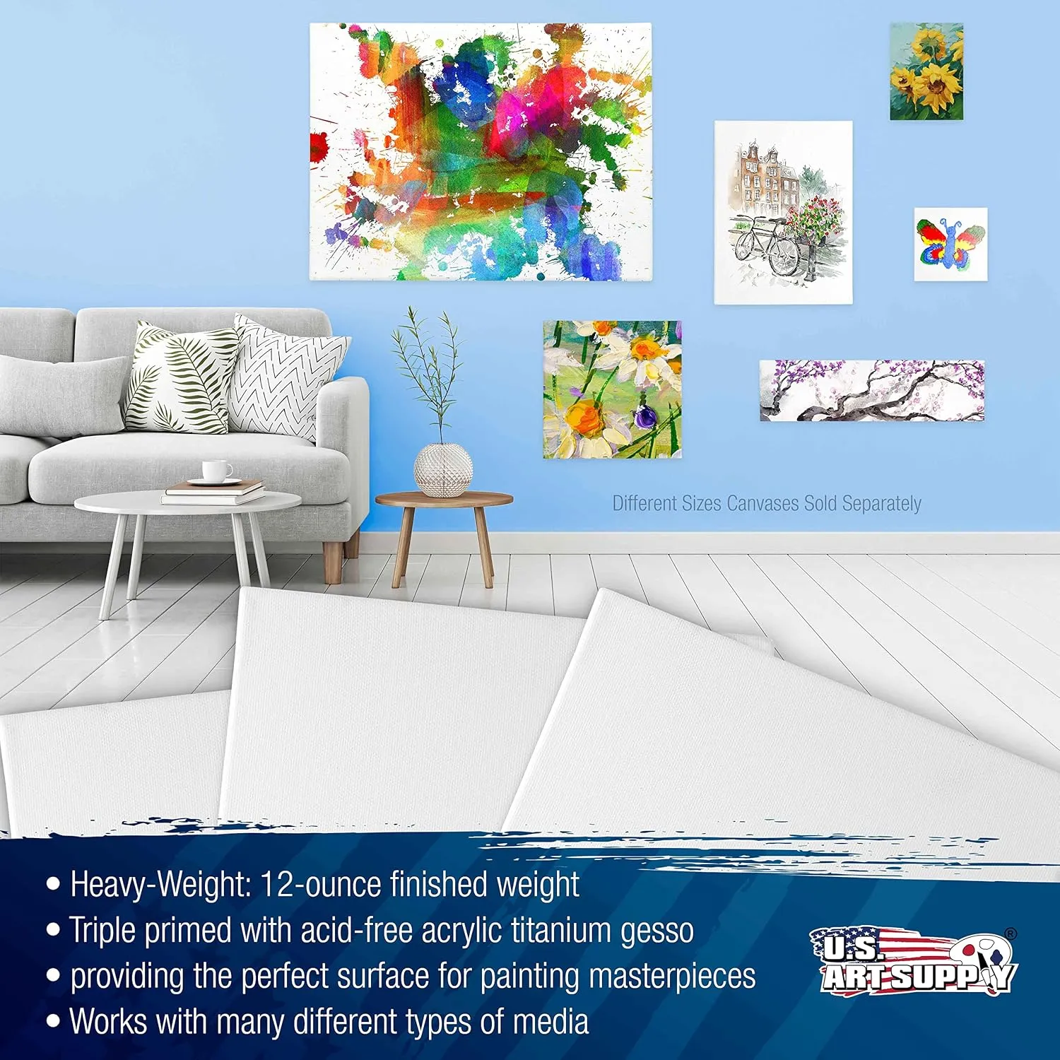U.S. Art Supply 24 x 36 inch Stretched Canvas 12-Ounce Triple Primed, 3-Pack - Professional Artist Quality White Blank 3/4" Profile, 100% Cotton, Heavy-Weight Gesso - Acrylic Pouring, Oil Painting