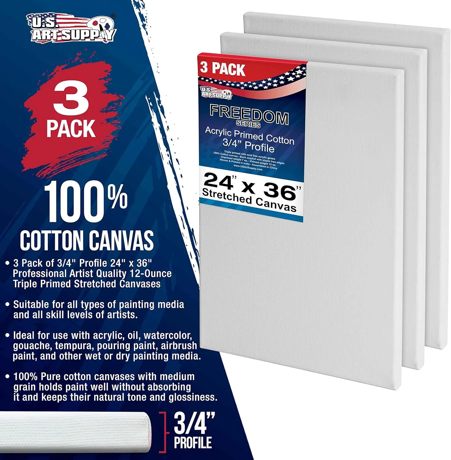U.S. Art Supply 24 x 36 inch Stretched Canvas 12-Ounce Triple Primed, 3-Pack - Professional Artist Quality White Blank 3/4" Profile, 100% Cotton, Heavy-Weight Gesso - Acrylic Pouring, Oil Painting