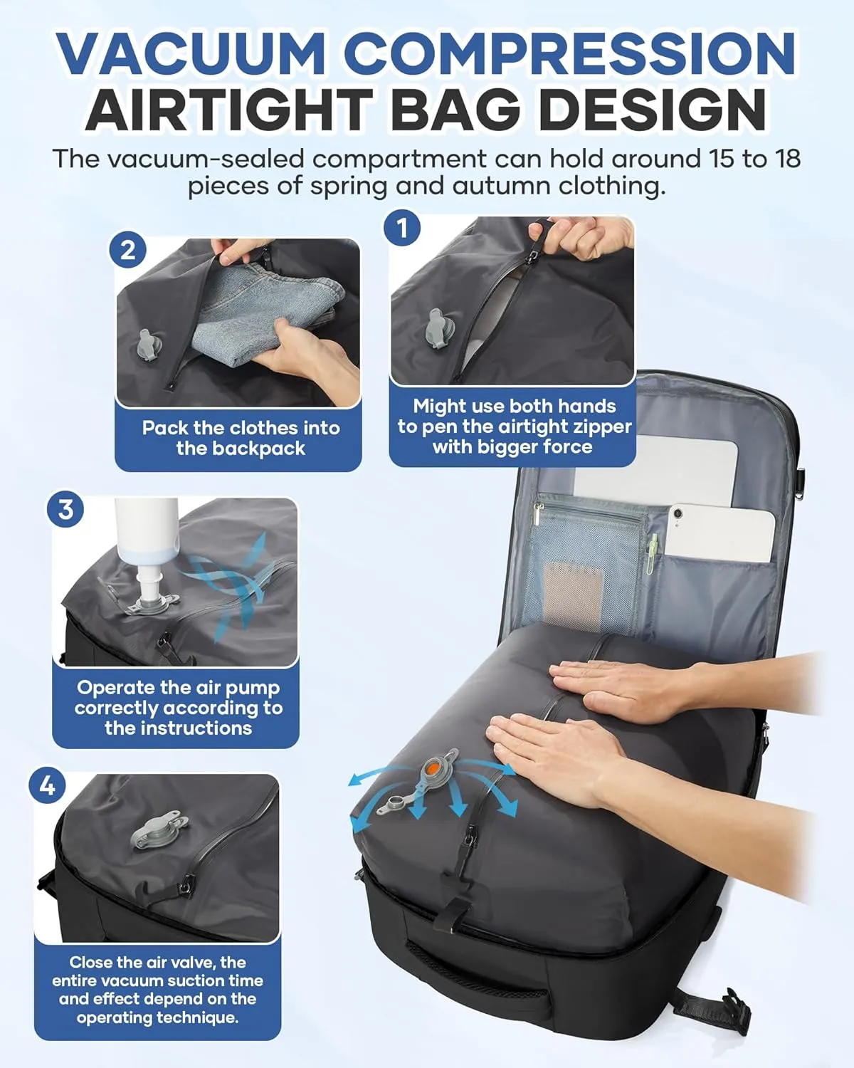 Vacuum Backpack Travel Airback Vacpack Backpack Seal Backpacks Traveling Backpacks Vacuum Compression Air Travel Bag, Large 18×14×8IN Personal Item Bag Carry on Luggage,Black