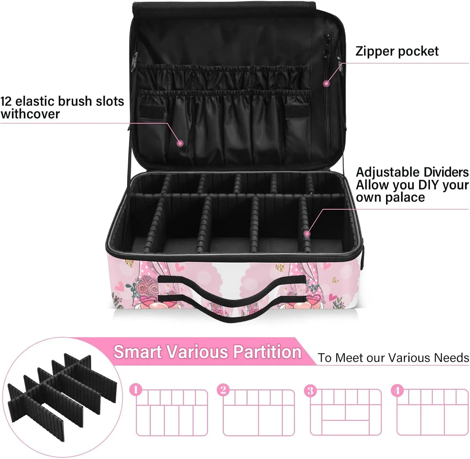 Valentine Be Mine Pink Gnome with Pink Heart, Flowers and Leaves Women's Portable Makeup Bag with Handle, Cosmetic Bag, Adjustable Dividers, Travel Cosmetic Toiletry Storage Organizer for women