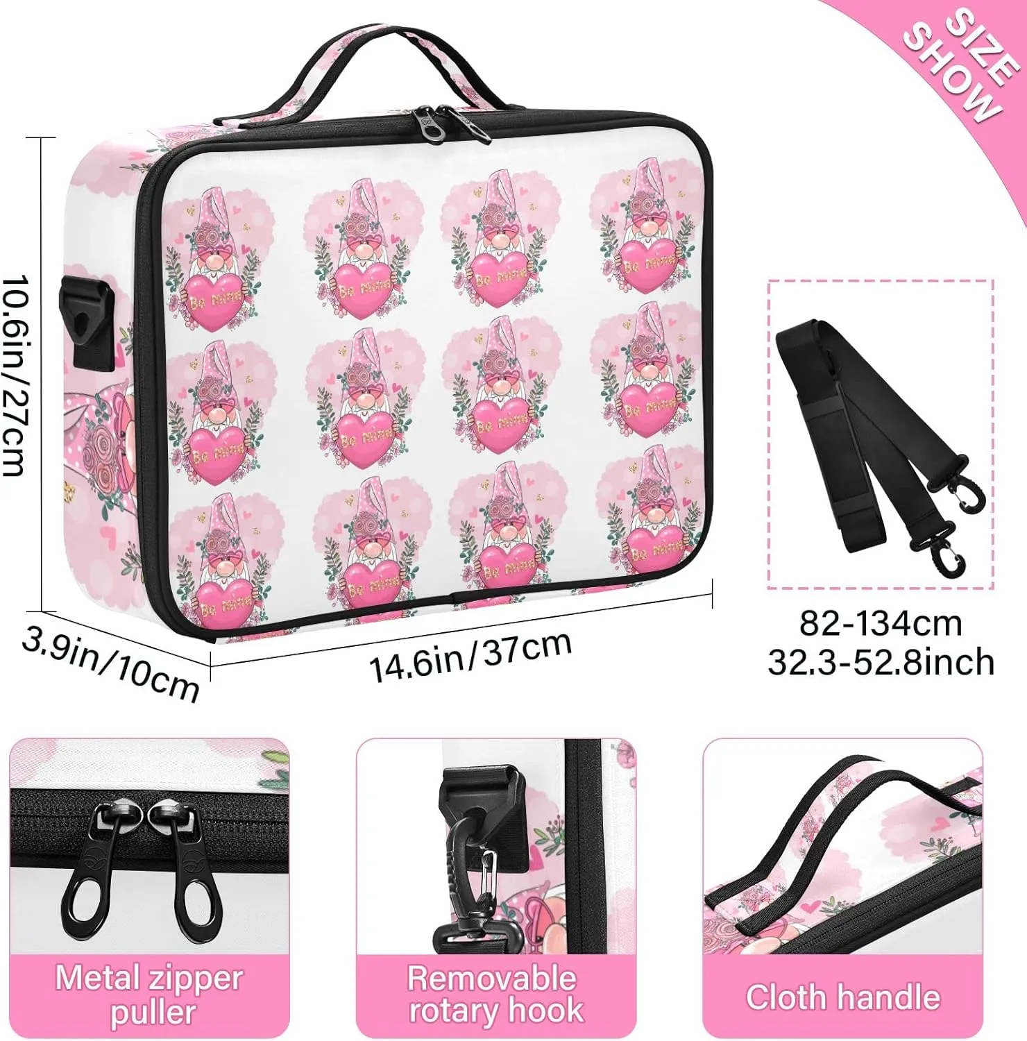 Valentine Be Mine Pink Gnome with Pink Heart, Flowers and Leaves Women's Portable Makeup Bag with Handle, Cosmetic Bag, Adjustable Dividers, Travel Cosmetic Toiletry Storage Organizer for women