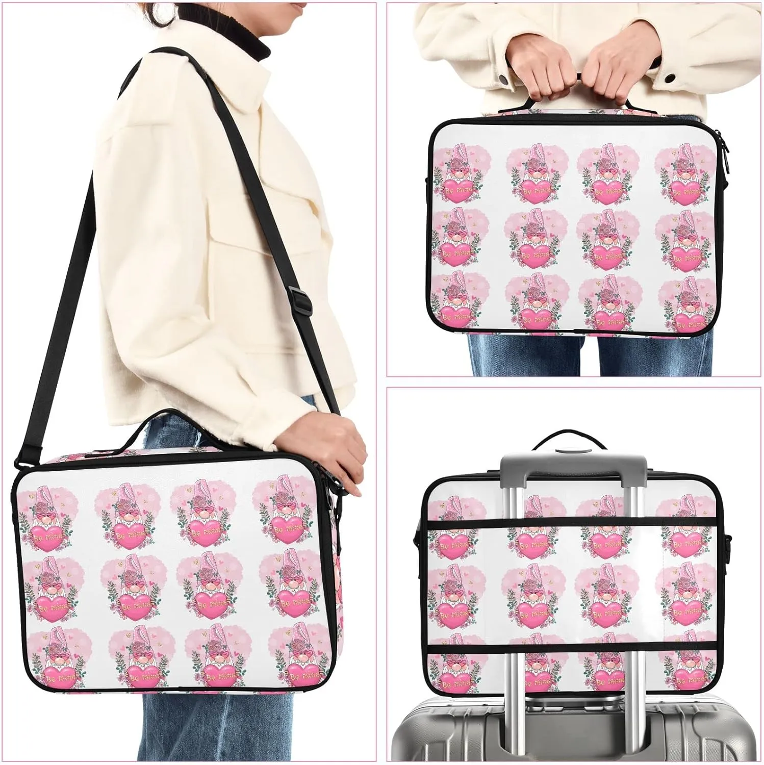 Valentine Be Mine Pink Gnome with Pink Heart, Flowers and Leaves Women's Portable Makeup Bag with Handle, Cosmetic Bag, Adjustable Dividers, Travel Cosmetic Toiletry Storage Organizer for women