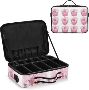 Valentine Be Mine Pink Gnome with Pink Heart, Flowers and Leaves Women's Portable Makeup Bag with Handle, Cosmetic Bag, Adjustable Dividers, Travel Cosmetic Toiletry Storage Organizer for women