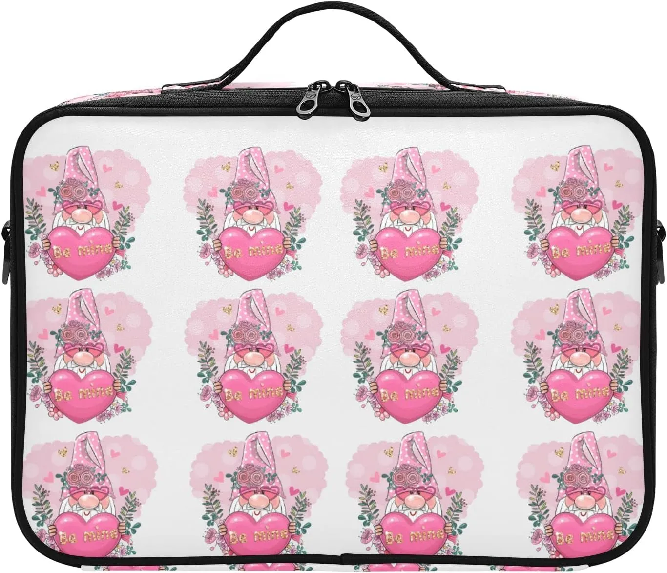 Valentine Be Mine Pink Gnome with Pink Heart, Flowers and Leaves Women's Portable Makeup Bag with Handle, Cosmetic Bag, Adjustable Dividers, Travel Cosmetic Toiletry Storage Organizer for women