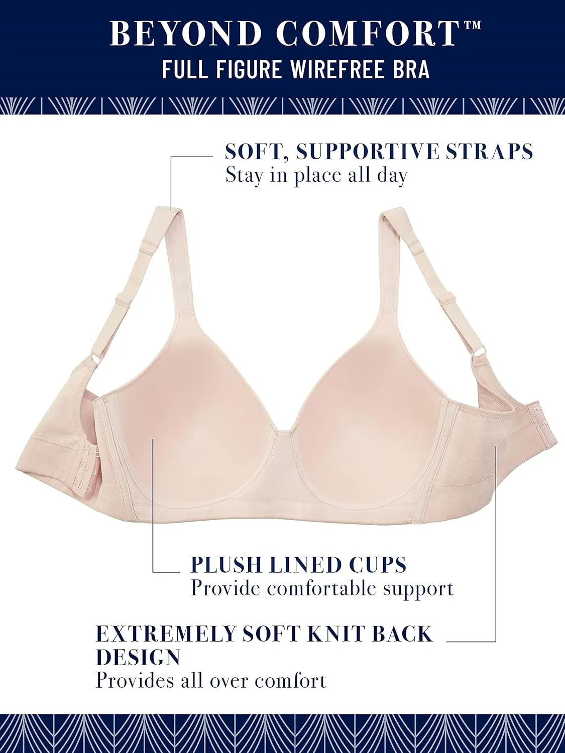 Vanity Fair Women’s Beyond Comfort Full Figure Wireless Bra, Seamless Back, Lightly Lined Cups up to DD