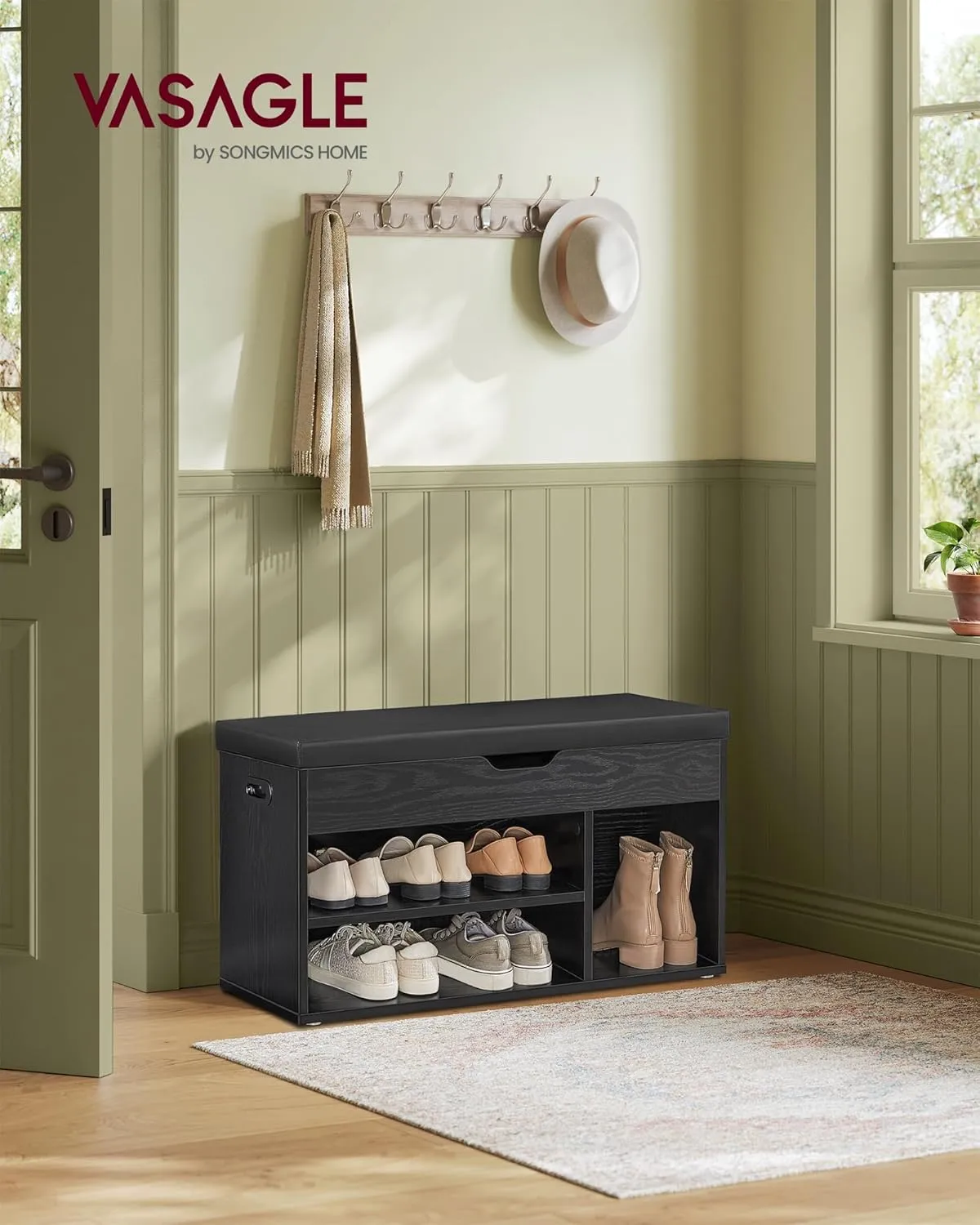 VASAGLE CUSTOS Collection - Storage Bench with Cushion, Shoe Bench, Padded Seat, Hidden Storage, Entryway, Hold up to 300 lb, 11.8 x 31.5 x 17.3 Inches, Ebony Black and Ink Black ULHS030B03