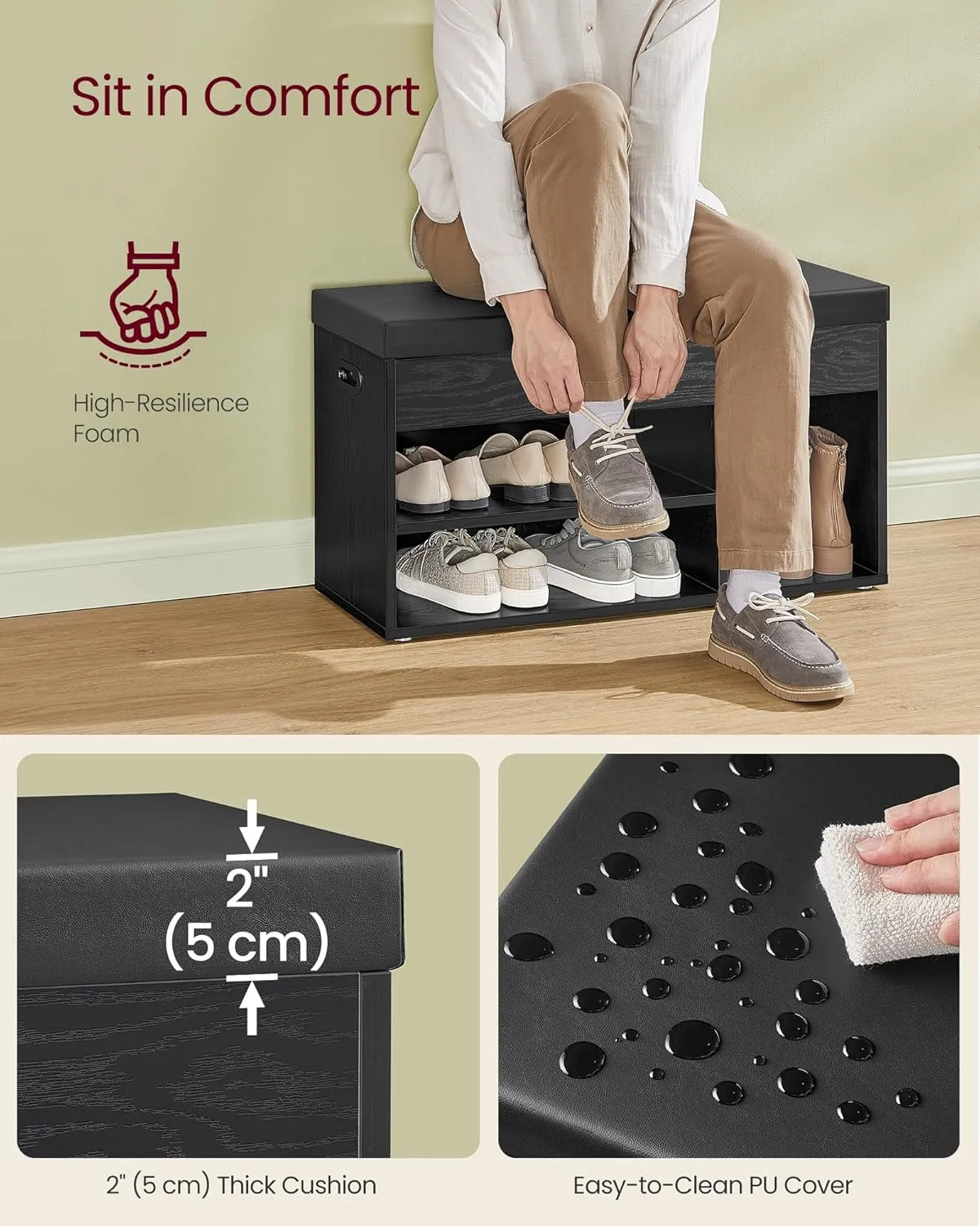 VASAGLE CUSTOS Collection - Storage Bench with Cushion, Shoe Bench, Padded Seat, Hidden Storage, Entryway, Hold up to 300 lb, 11.8 x 31.5 x 17.3 Inches, Ebony Black and Ink Black ULHS030B03