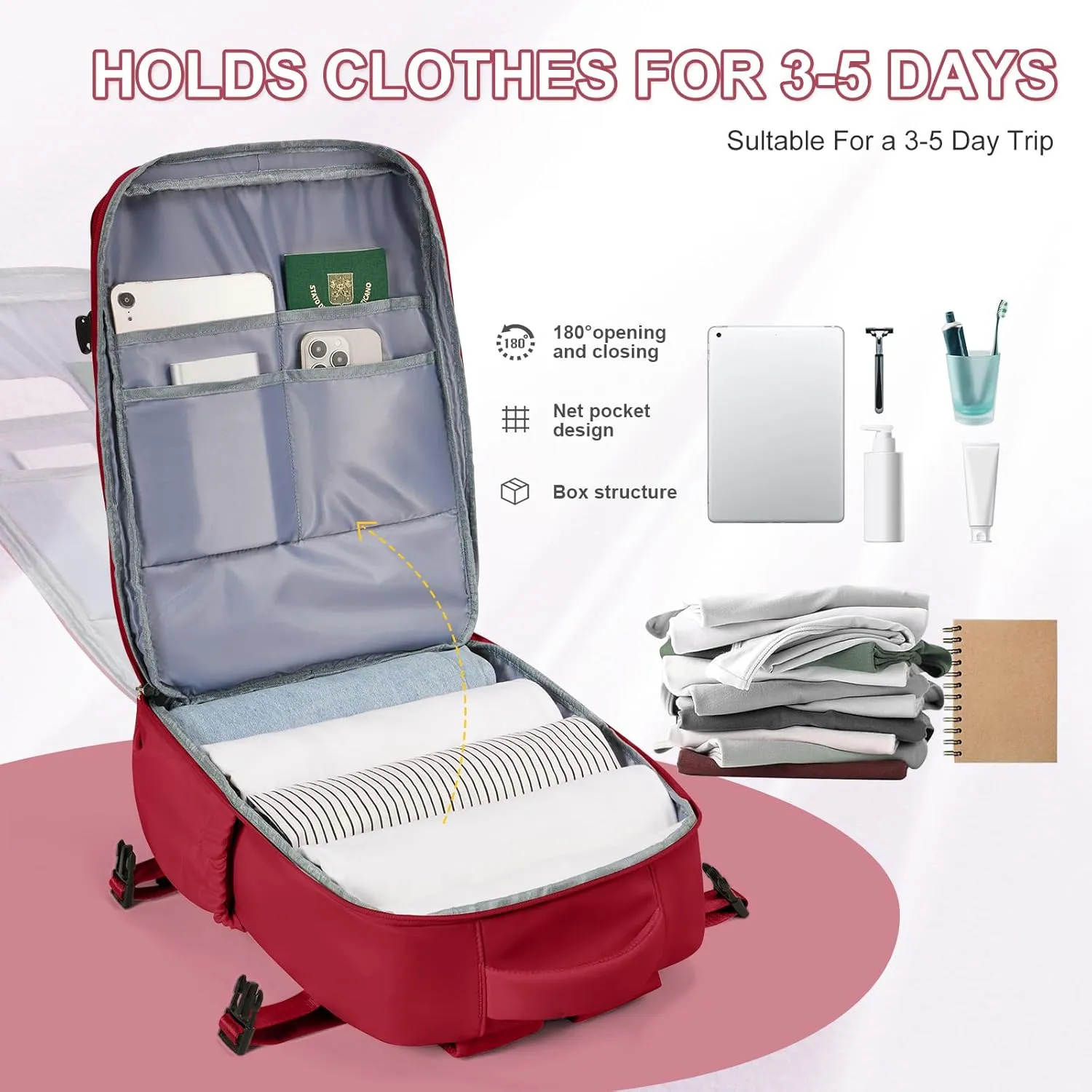 VECAVE Carry On Backpack for Women, Airline Approved Large Travel Backpack Flight Approved, Waterproof 17 Inch Laptop Backpack Business Work Backpacks Bag Men Mochila De Viaje Red.