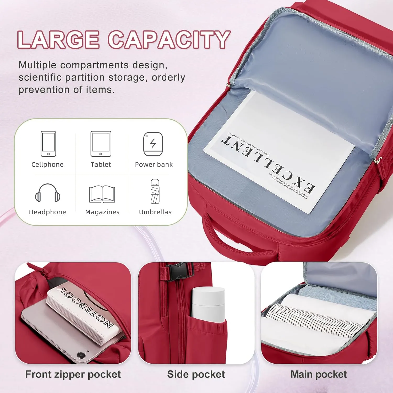 VECAVE Carry On Backpack for Women, Airline Approved Large Travel Backpack Flight Approved, Waterproof 17 Inch Laptop Backpack Business Work Backpacks Bag Men Mochila De Viaje Red.