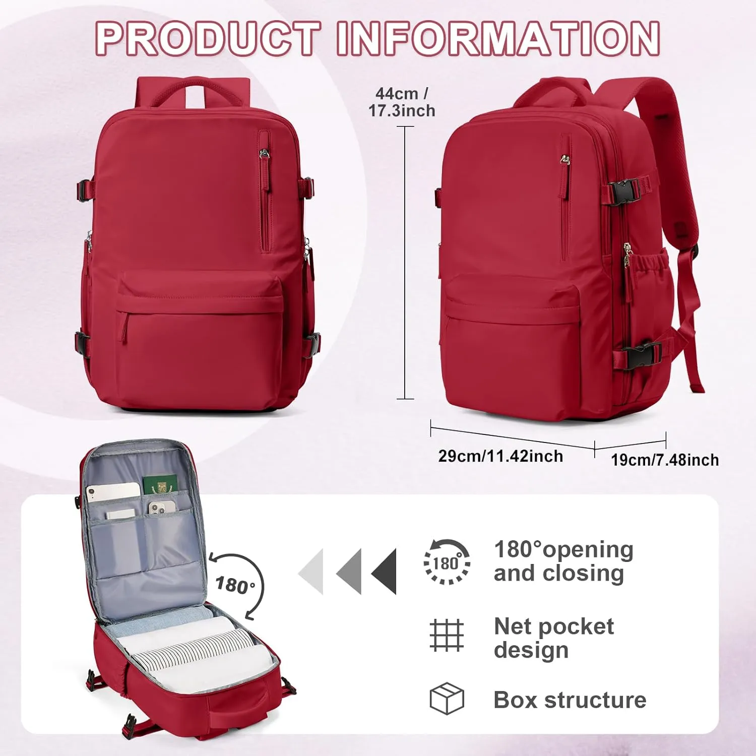 VECAVE Carry On Backpack for Women, Airline Approved Large Travel Backpack Flight Approved, Waterproof 17 Inch Laptop Backpack Business Work Backpacks Bag Men Mochila De Viaje Red.