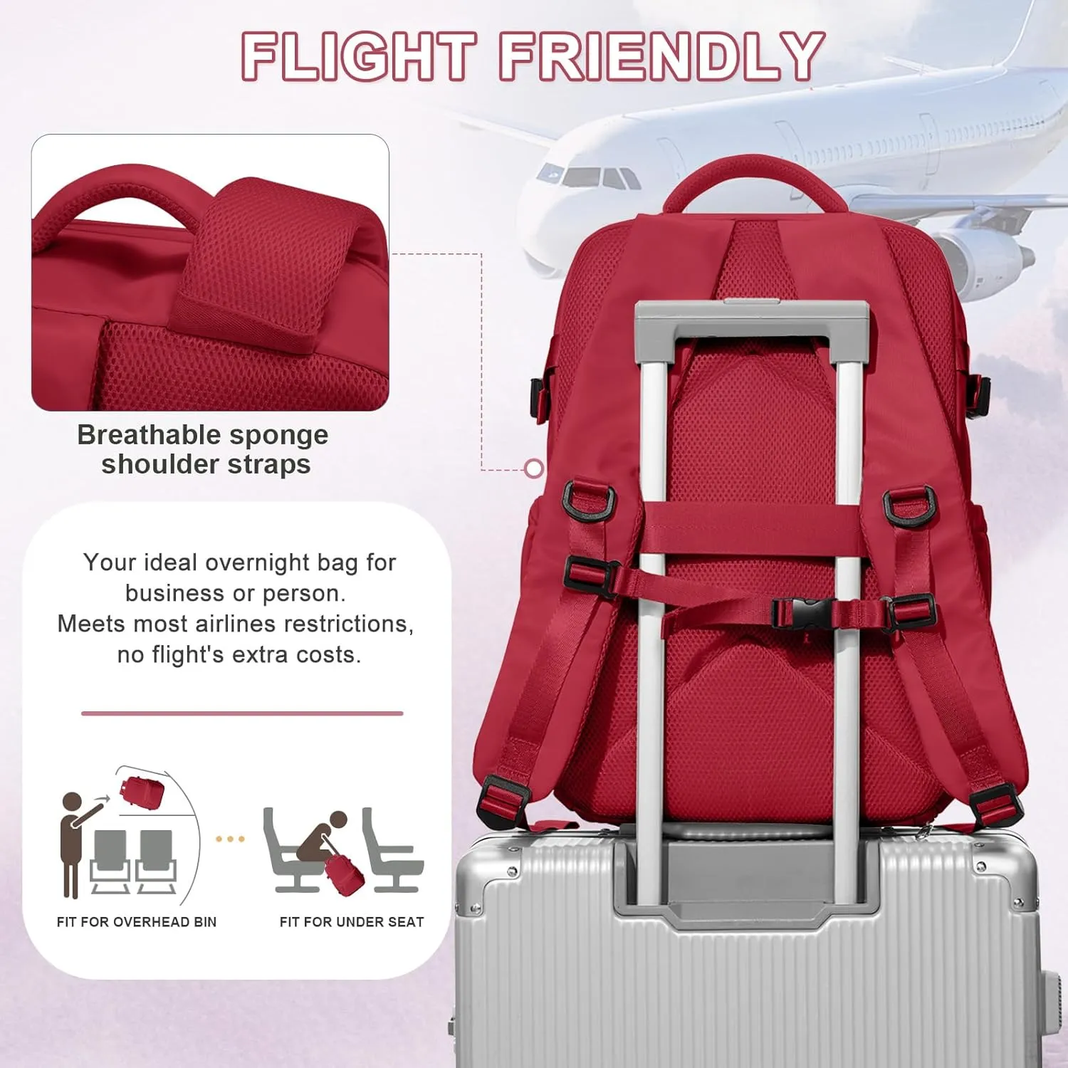 VECAVE Carry On Backpack for Women, Airline Approved Large Travel Backpack Flight Approved, Waterproof 17 Inch Laptop Backpack Business Work Backpacks Bag Men Mochila De Viaje Red.