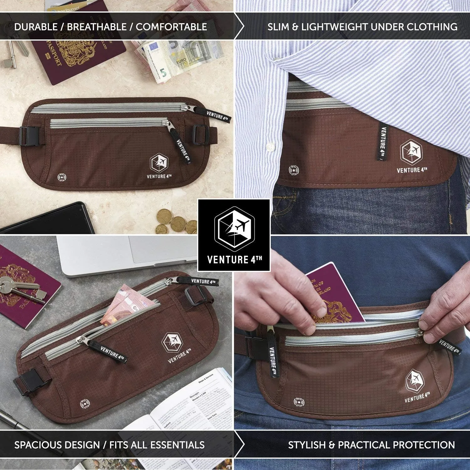 VENTURE 4TH RFID Blocker Money Belt for Men and Women (Brown)