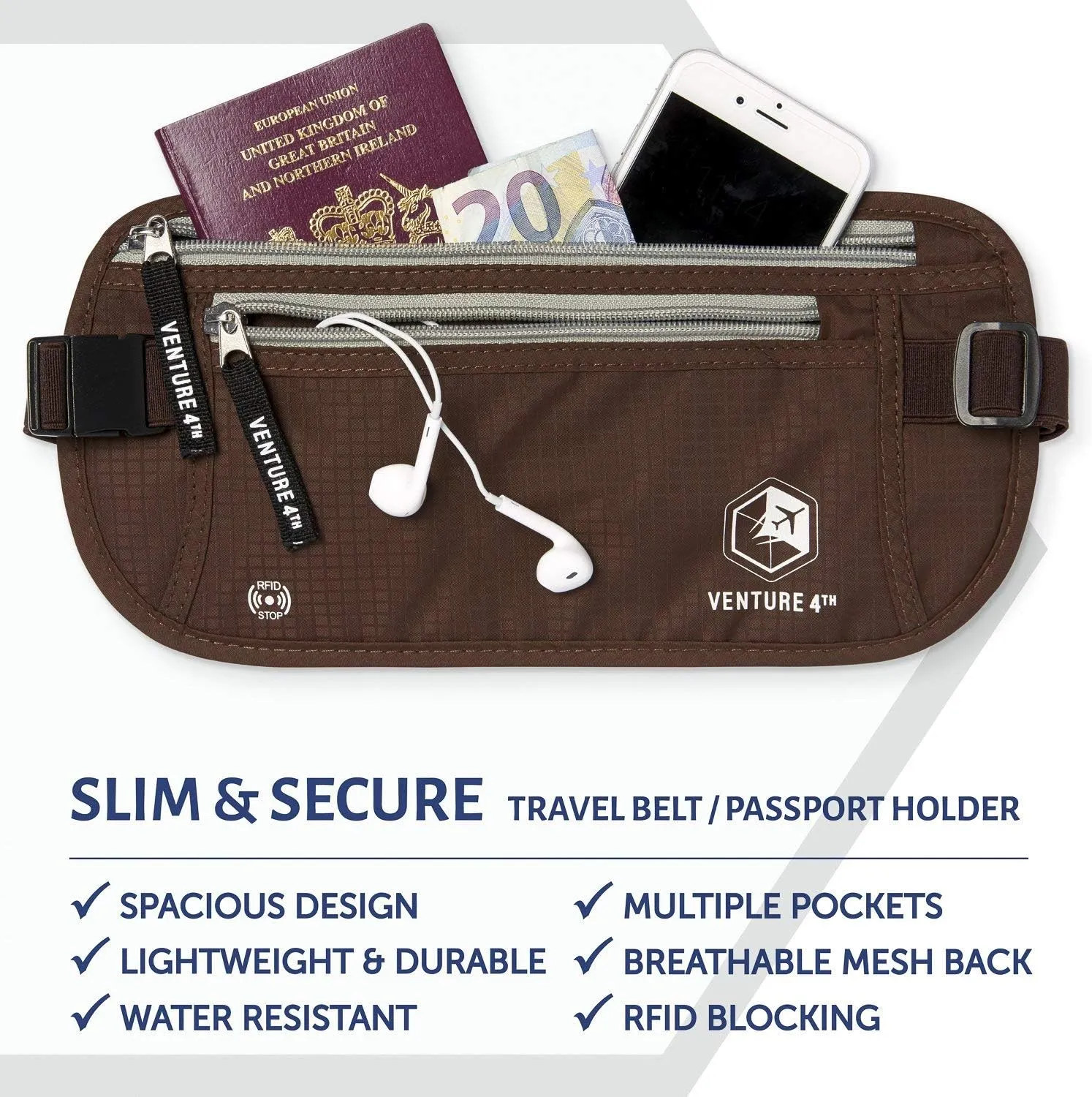 VENTURE 4TH RFID Blocker Money Belt for Men and Women (Brown)