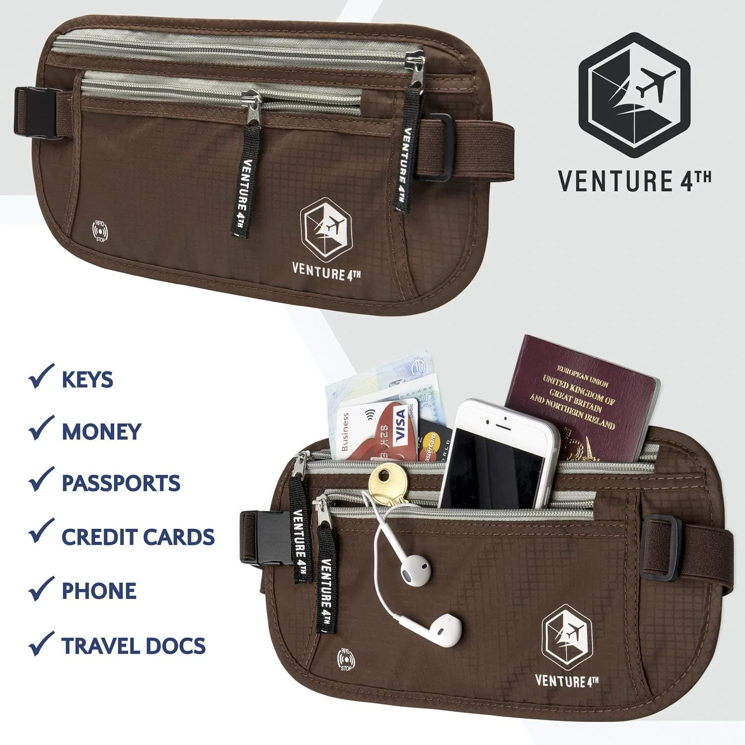 VENTURE 4TH RFID Blocker Money Belt for Men and Women (Brown)