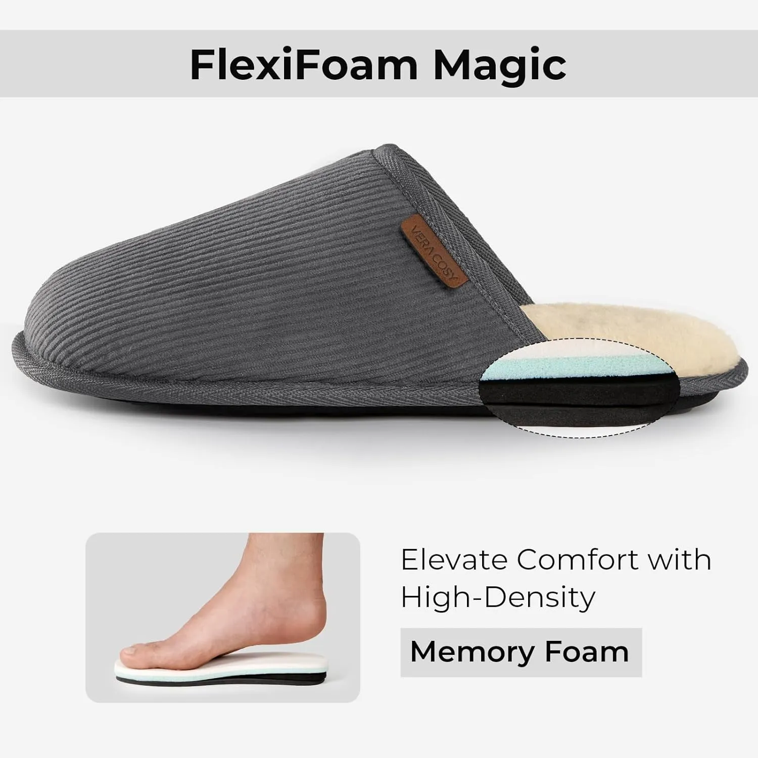 VeraCosy Men's Comfy Corduroy Memory Foam Scuff Slippers Soft Faux Fur Lined House Shoes with Anti-Skid Lightweight Sole