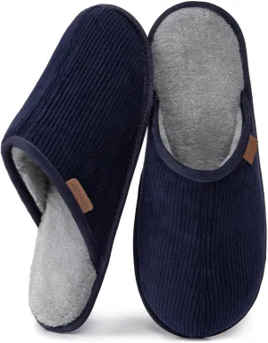 VeraCosy Men's Comfy Corduroy Memory Foam Scuff Slippers Soft Faux Fur Lined House Shoes with Anti-Skid Lightweight Sole