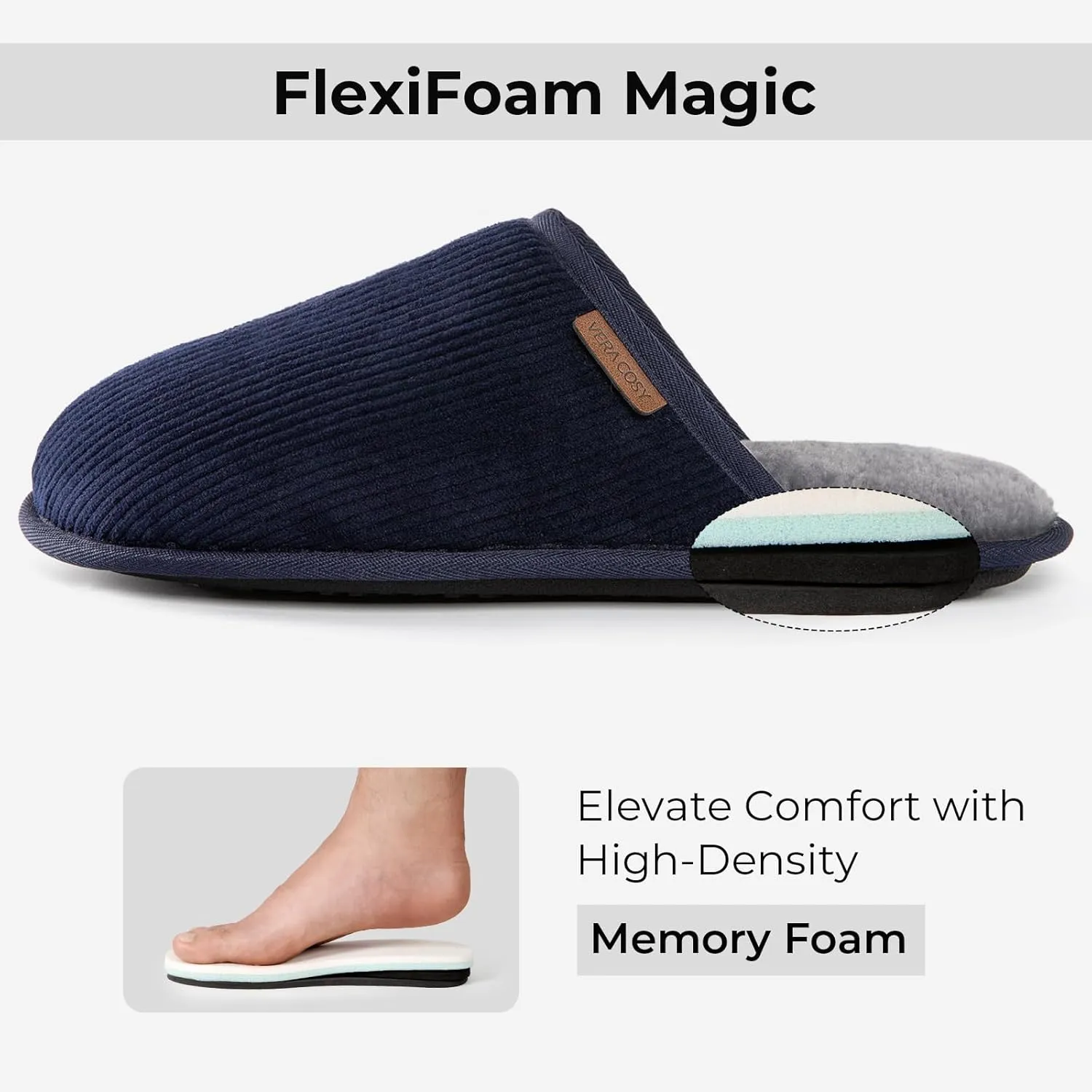 VeraCosy Men's Comfy Corduroy Memory Foam Scuff Slippers Soft Faux Fur Lined House Shoes with Anti-Skid Lightweight Sole