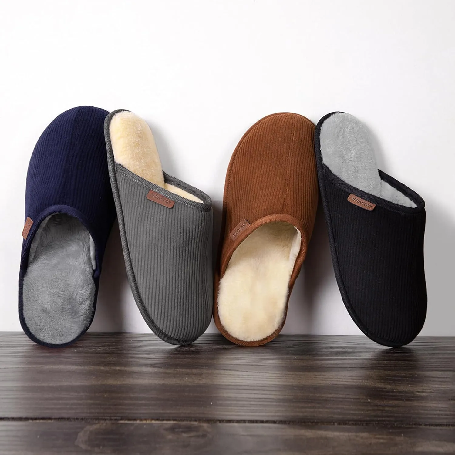 VeraCosy Men's Comfy Corduroy Memory Foam Scuff Slippers Soft Faux Fur Lined House Shoes with Anti-Skid Lightweight Sole