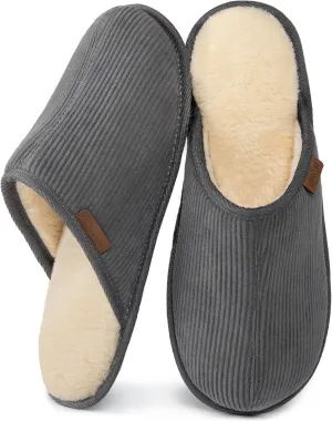 VeraCosy Men's Comfy Corduroy Memory Foam Scuff Slippers Soft Faux Fur Lined House Shoes with Anti-Skid Lightweight Sole