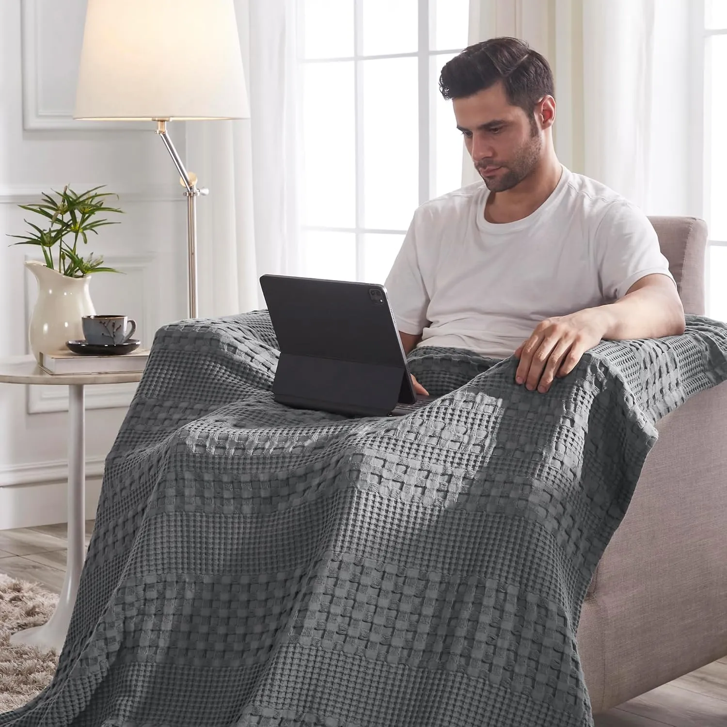 VHC Brands 100% Cotton Waffle Weave Dark Gray Throw 50x60, Decorative Cotton Throw Blanket, Boho Farmhouse Bedroom, Living Room Decor for Bed, Couch, or Sofa