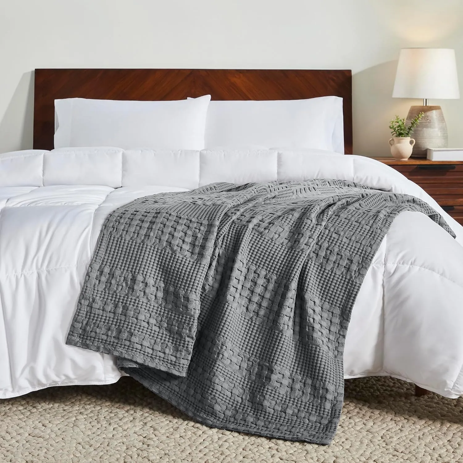VHC Brands 100% Cotton Waffle Weave Dark Gray Throw 50x60, Decorative Cotton Throw Blanket, Boho Farmhouse Bedroom, Living Room Decor for Bed, Couch, or Sofa