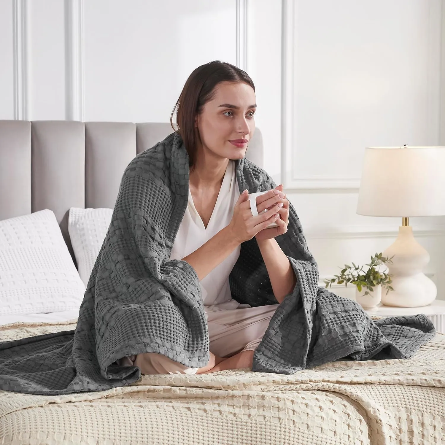 VHC Brands 100% Cotton Waffle Weave Dark Gray Throw 50x60, Decorative Cotton Throw Blanket, Boho Farmhouse Bedroom, Living Room Decor for Bed, Couch, or Sofa