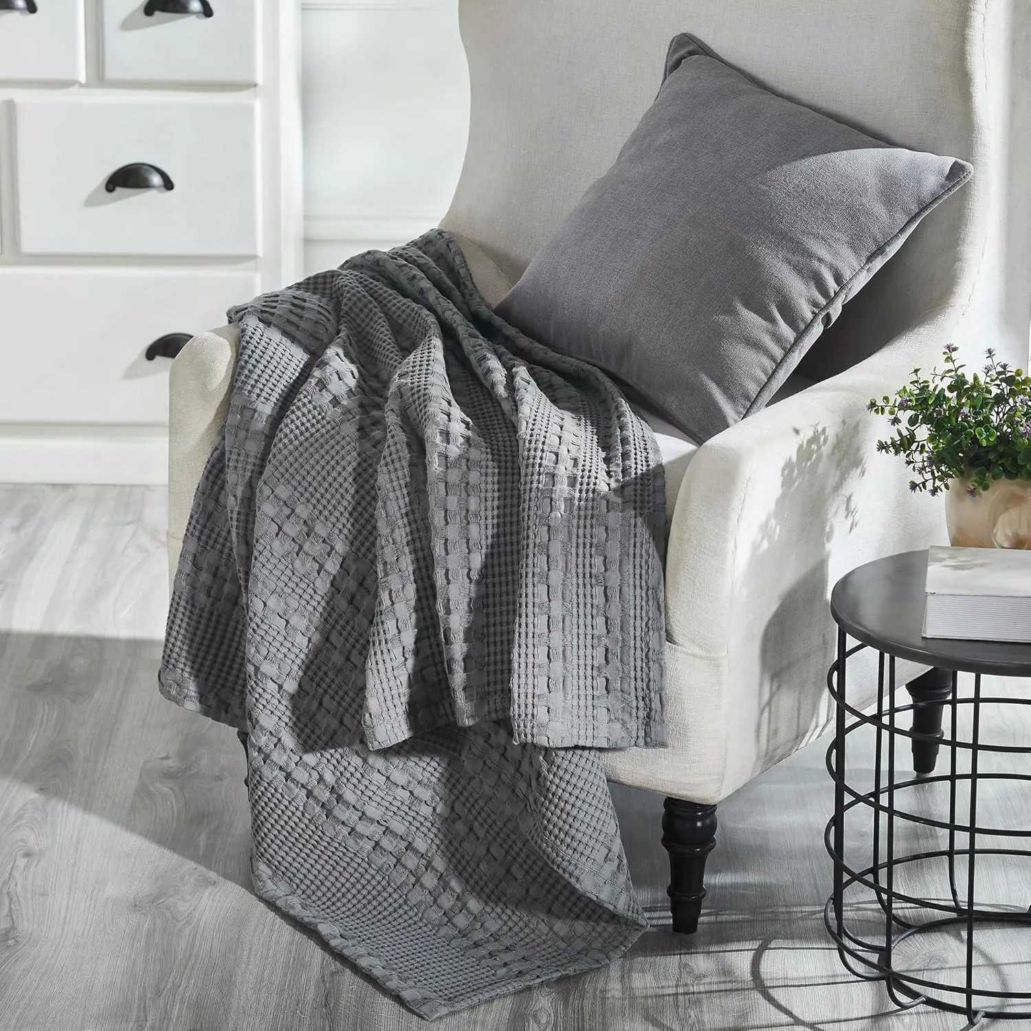 VHC Brands 100% Cotton Waffle Weave Dark Gray Throw 50x60, Decorative Cotton Throw Blanket, Boho Farmhouse Bedroom, Living Room Decor for Bed, Couch, or Sofa
