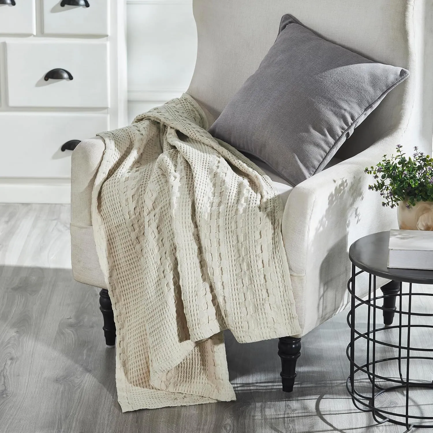 VHC Brands 100% Cotton Waffle Weave Natural Throw 50x60, Decorative Cotton Throw Blanket, Boho Farmhouse Bedroom, Living Room Decor for Bed, Couch, or Sofa