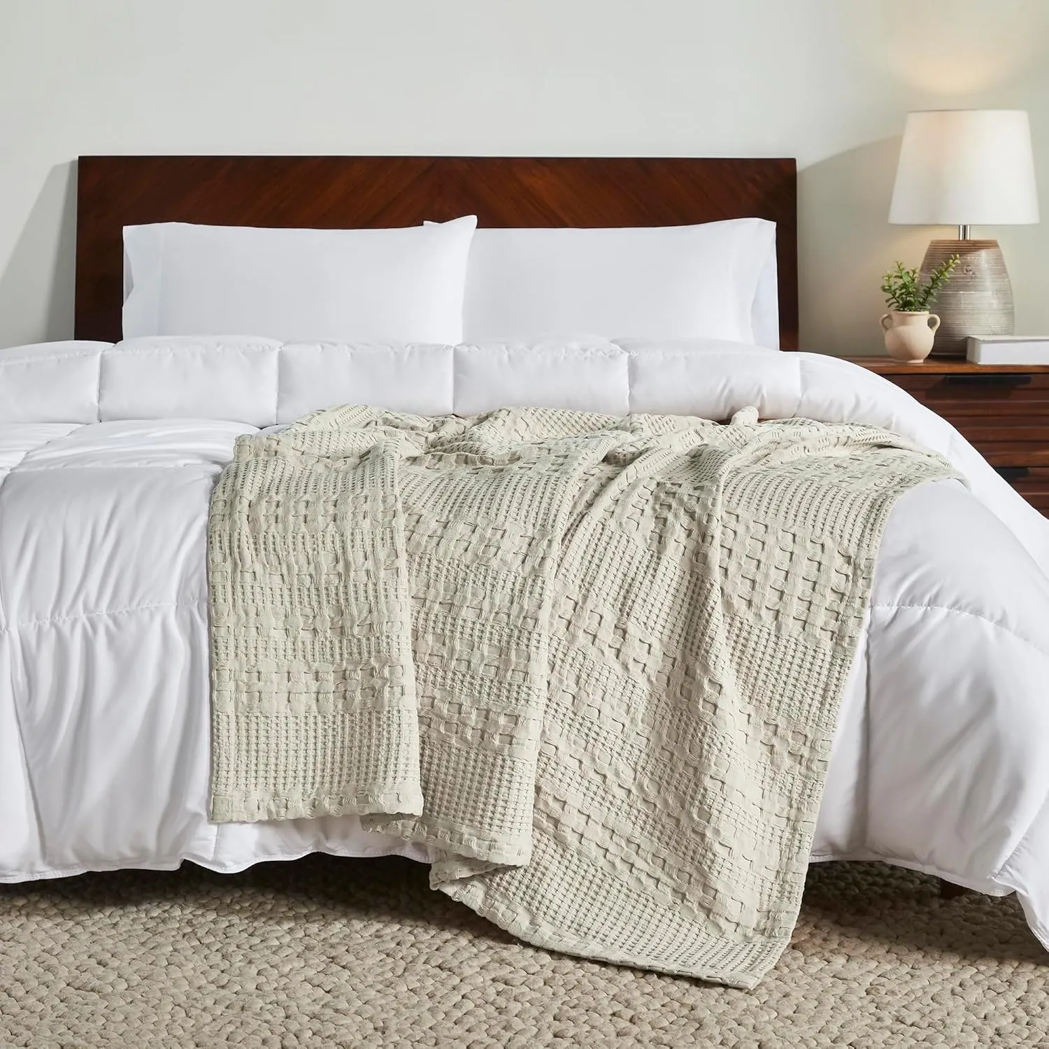 VHC Brands 100% Cotton Waffle Weave Natural Throw 50x60, Decorative Cotton Throw Blanket, Boho Farmhouse Bedroom, Living Room Decor for Bed, Couch, or Sofa
