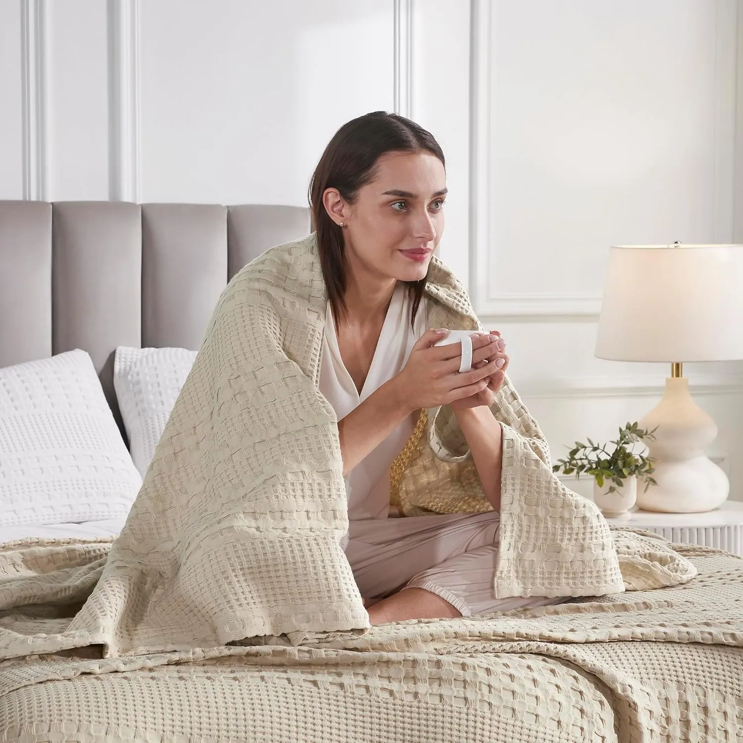 VHC Brands 100% Cotton Waffle Weave Natural Throw 50x60, Decorative Cotton Throw Blanket, Boho Farmhouse Bedroom, Living Room Decor for Bed, Couch, or Sofa